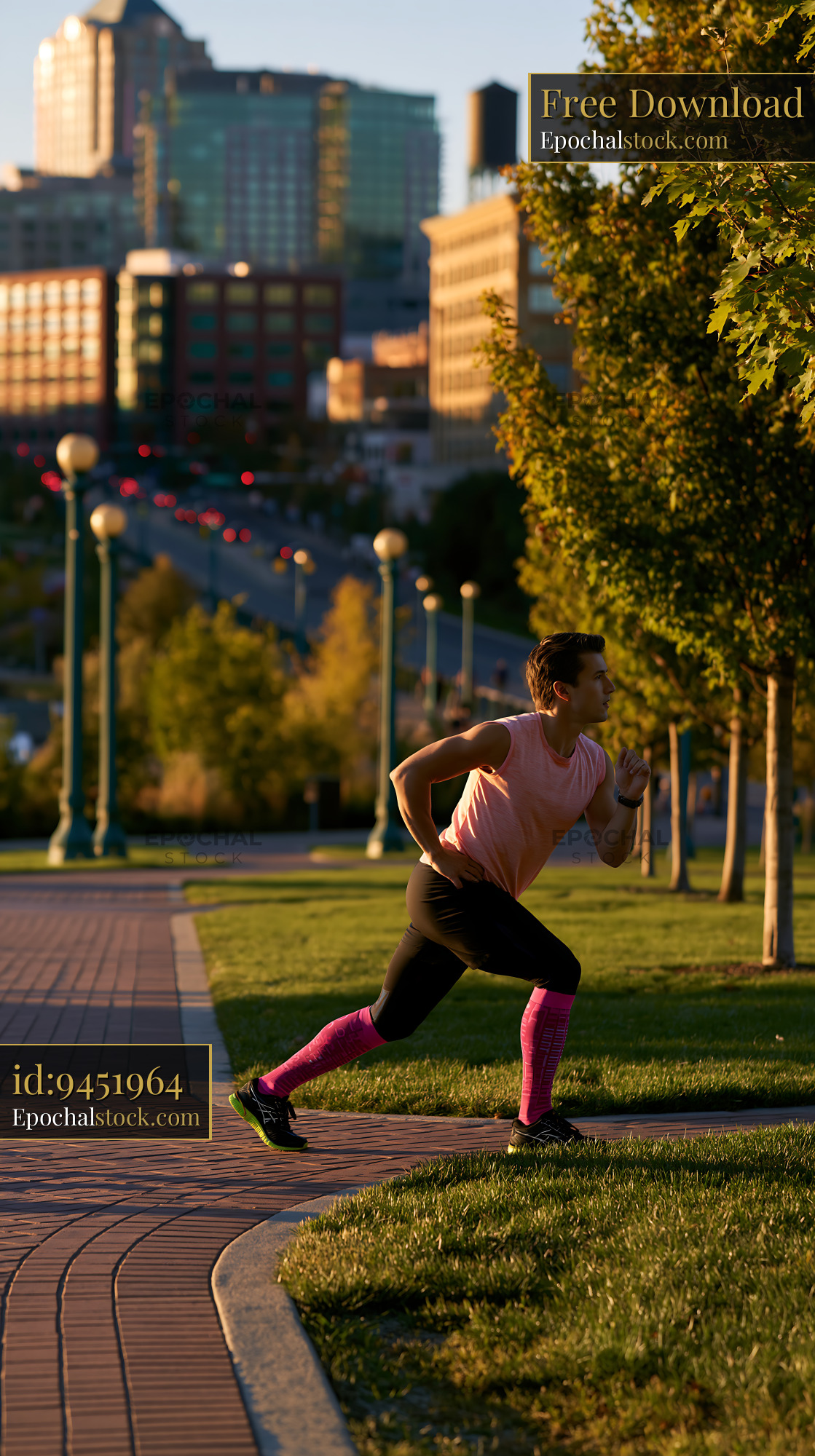 Watermarked full-resolution preview of Runner exercising in city park during sunset