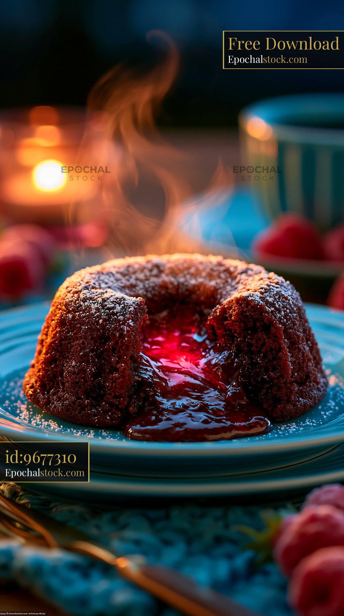 Watermarked full-resolution preview of Warm dessert with chocolate sauce and raspberries on a plate