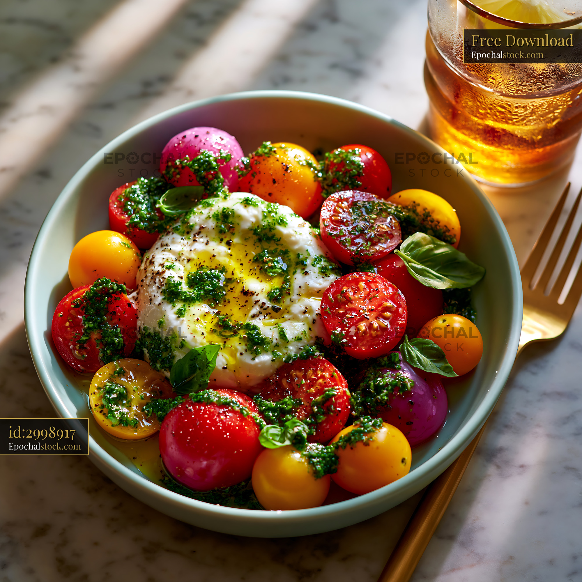 Watermarked full-resolution preview of Fresh salad with cherry tomatoes and burrata on a marble table