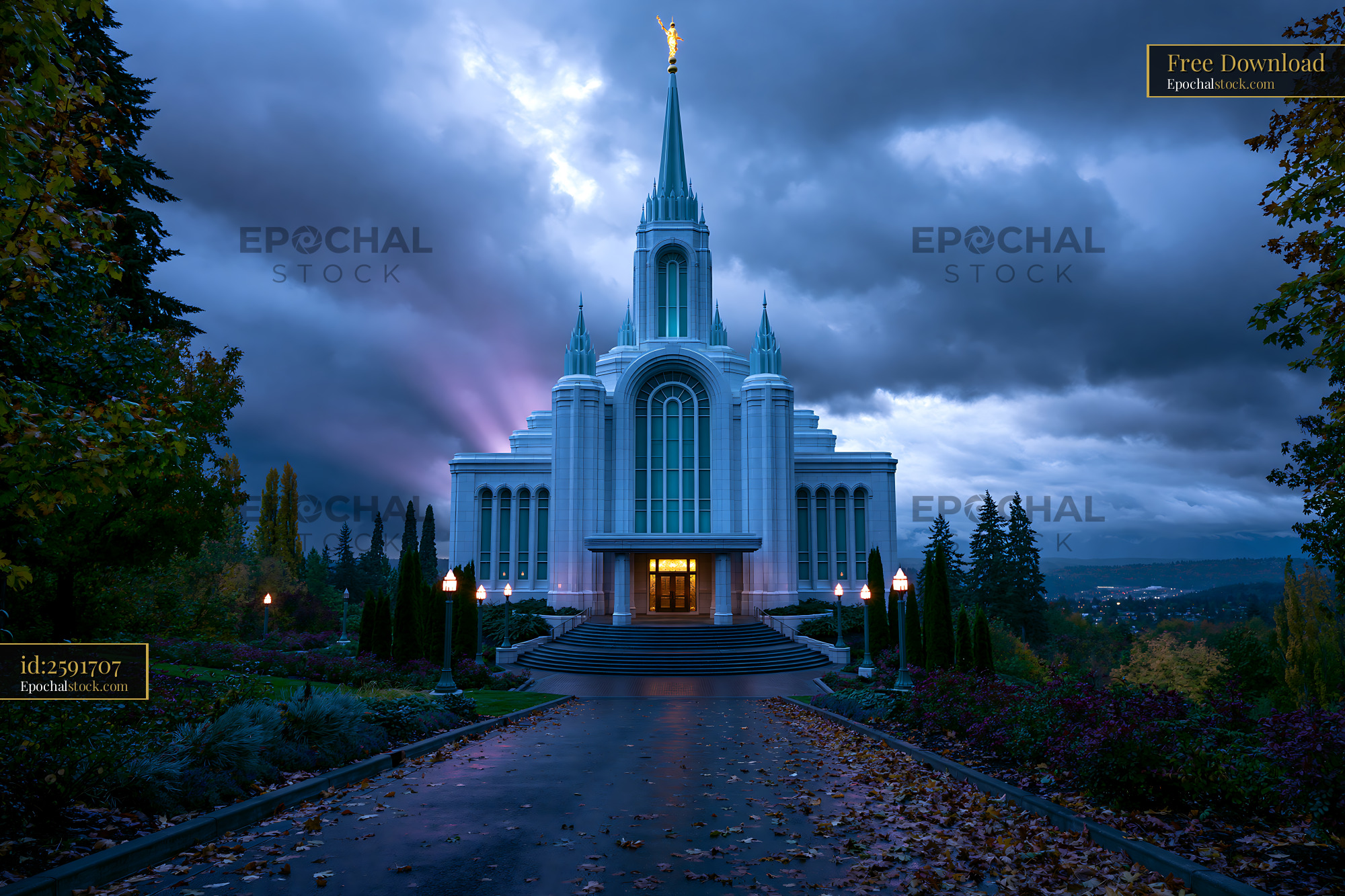 Watermarked full-resolution preview of Tall building with spire under dark clouds at dusk