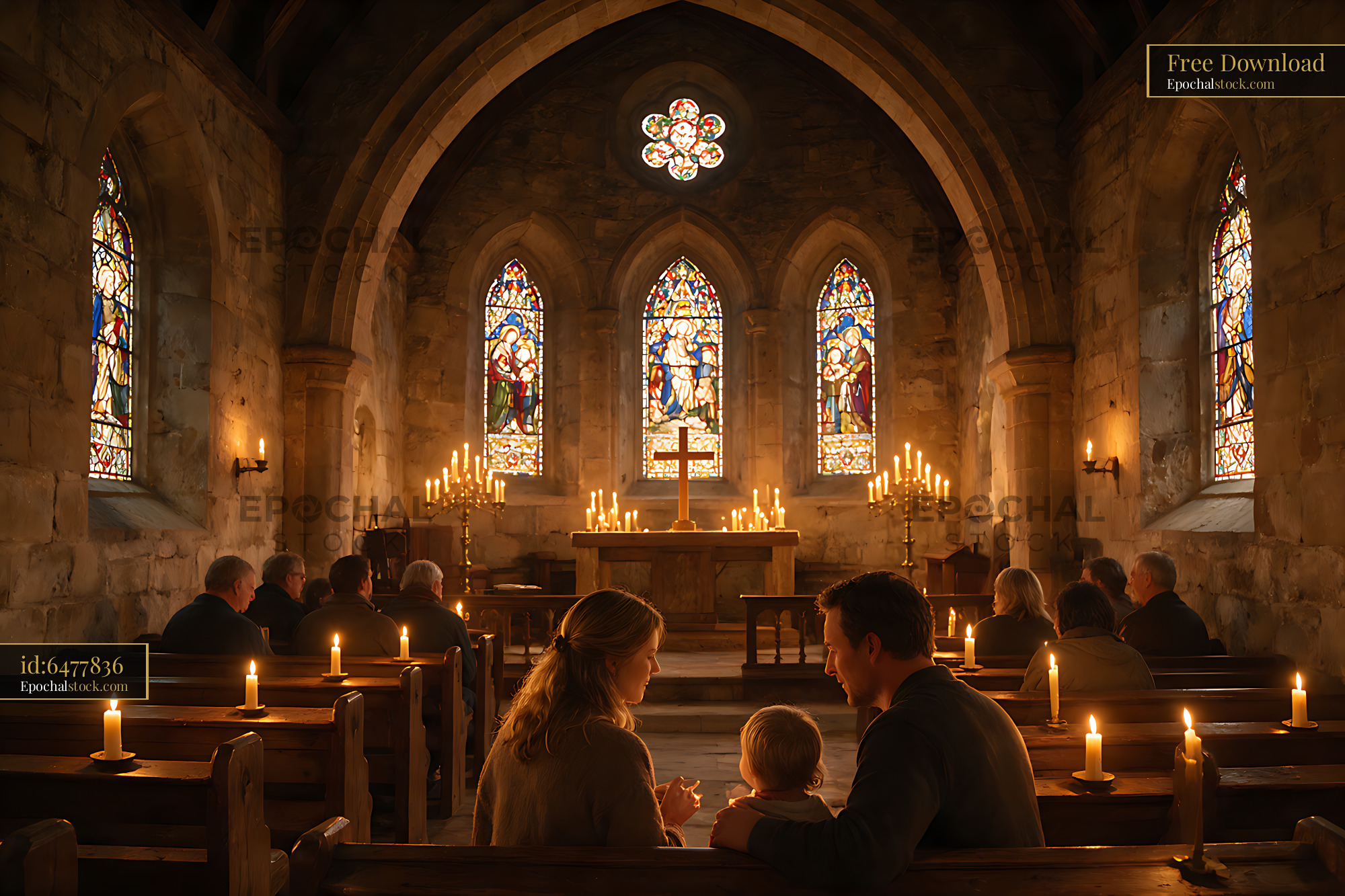 Watermarked full-resolution preview of Family worshiping inside a historic stone church