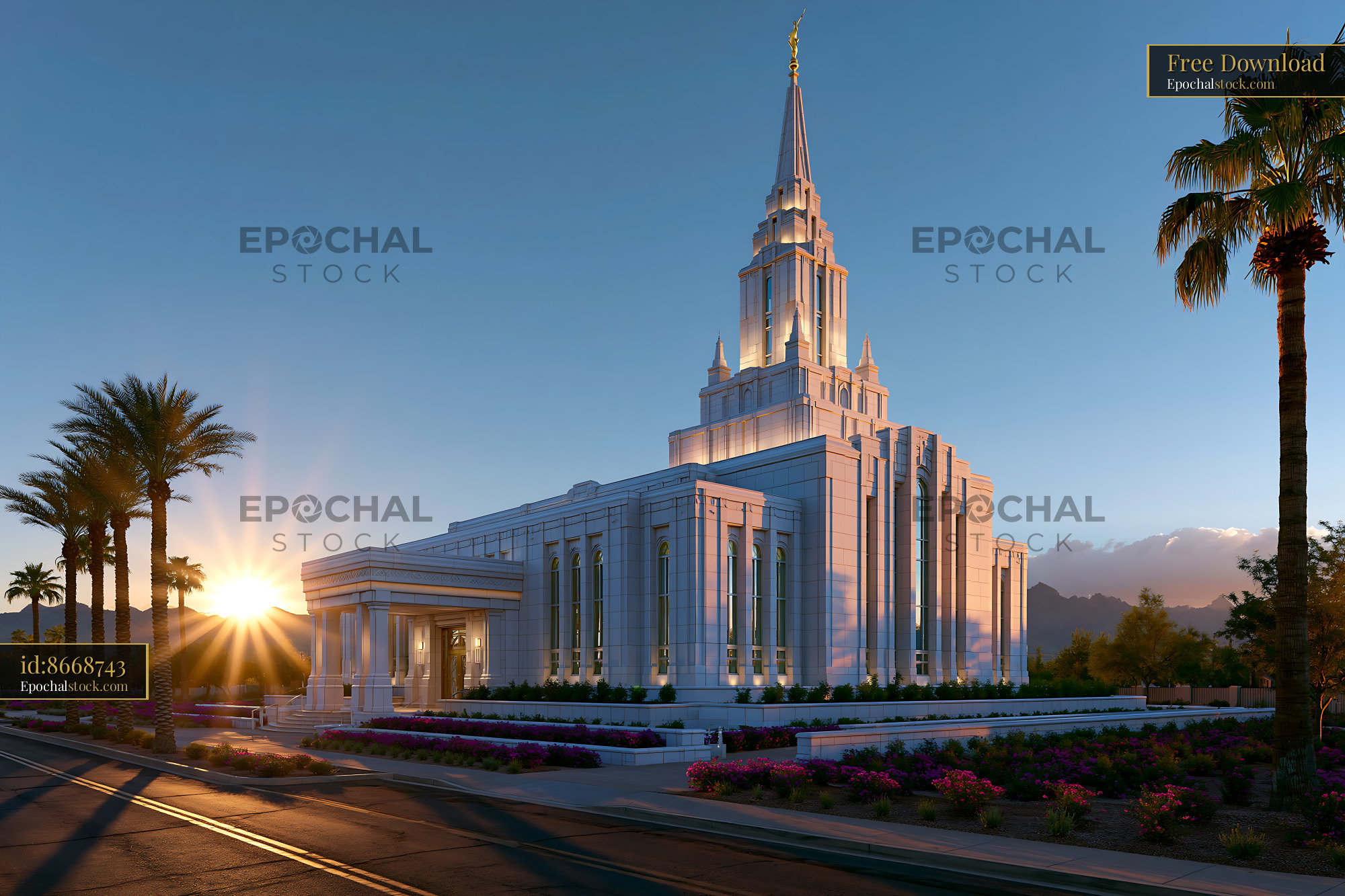 Watermarked full-resolution preview of Sunset view of a modern temple with palm trees and mountains