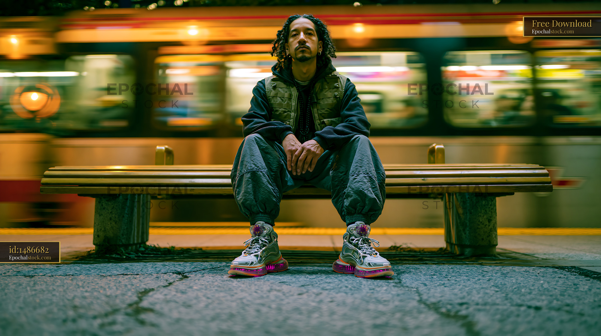 Watermarked full-resolution preview of Man sitting on a bench at a train station in the evening