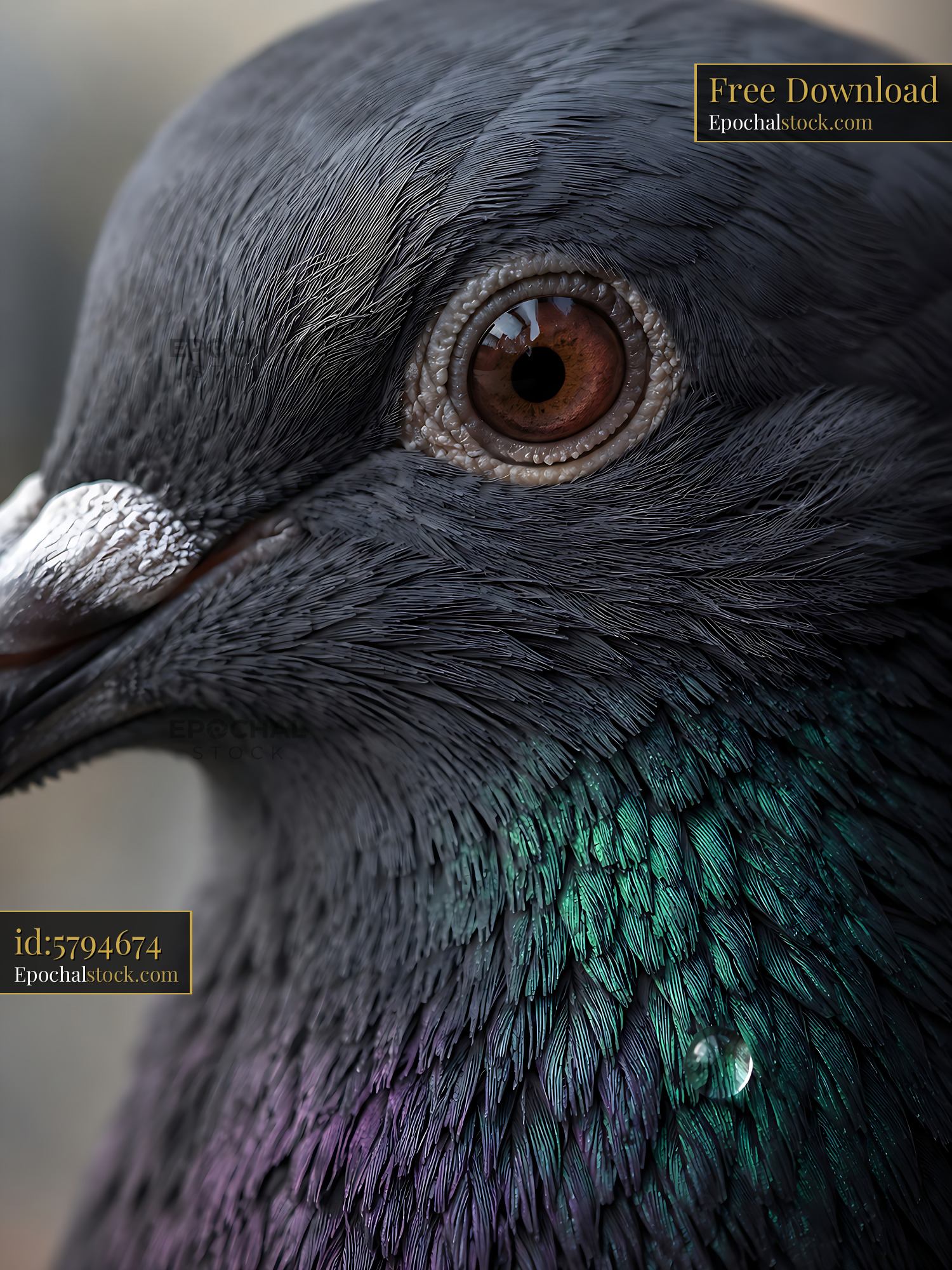 Watermarked full-resolution preview of Pigeon close-up with detailed feathers and brown eye