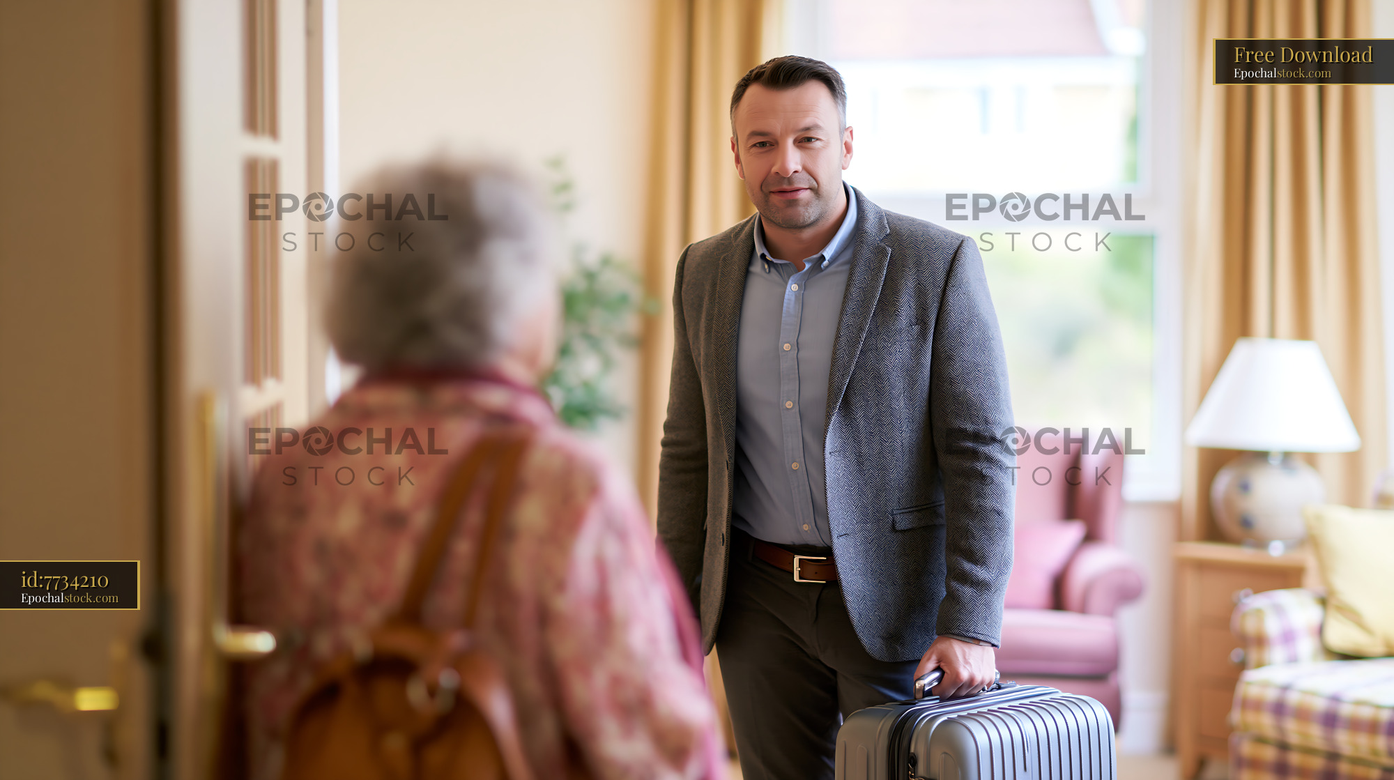 Watermarked full-resolution preview of Man with suitcase greets elderly woman at home