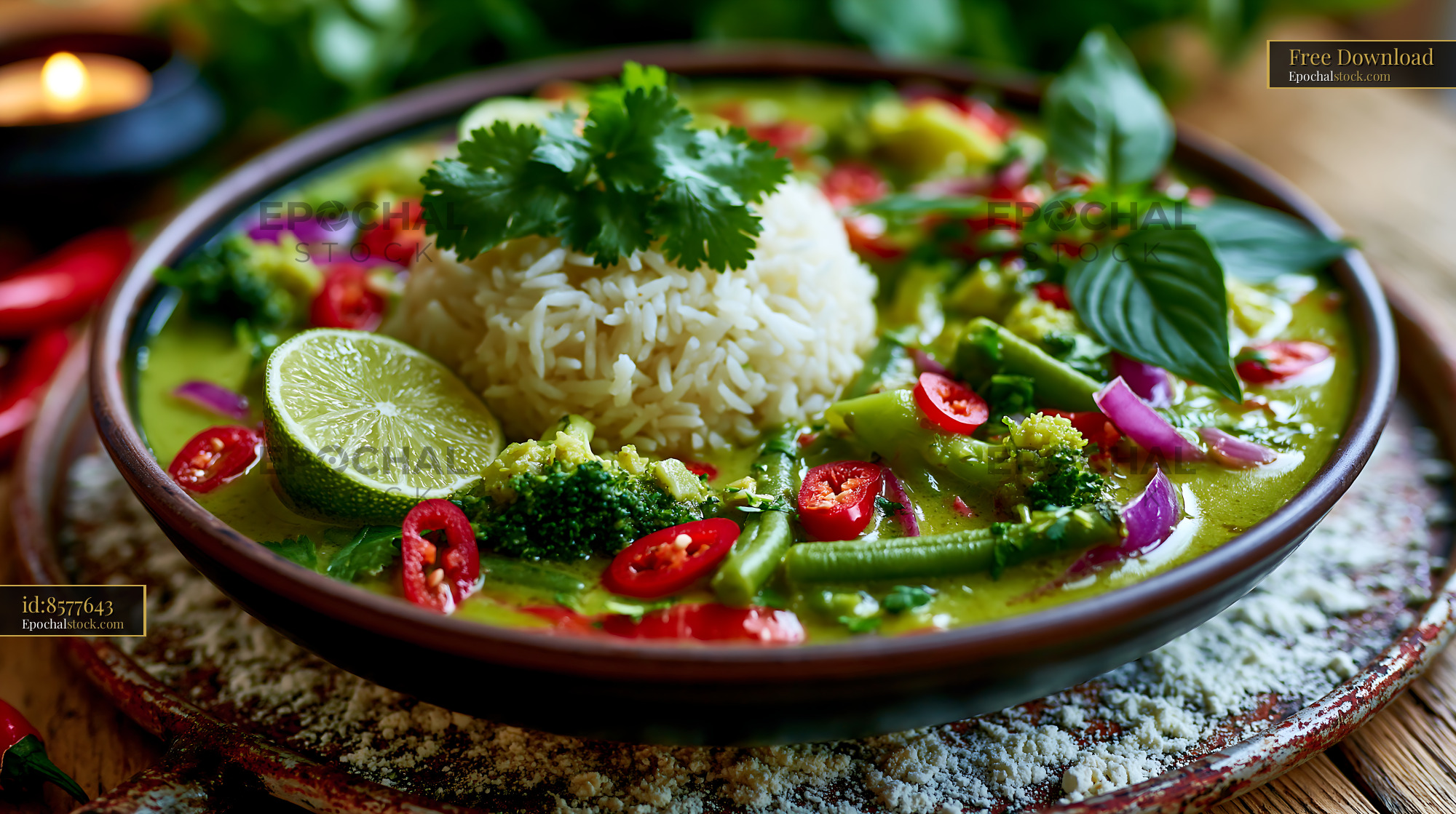 Watermarked full-resolution preview of Vibrant green curry served with rice and fresh herbs