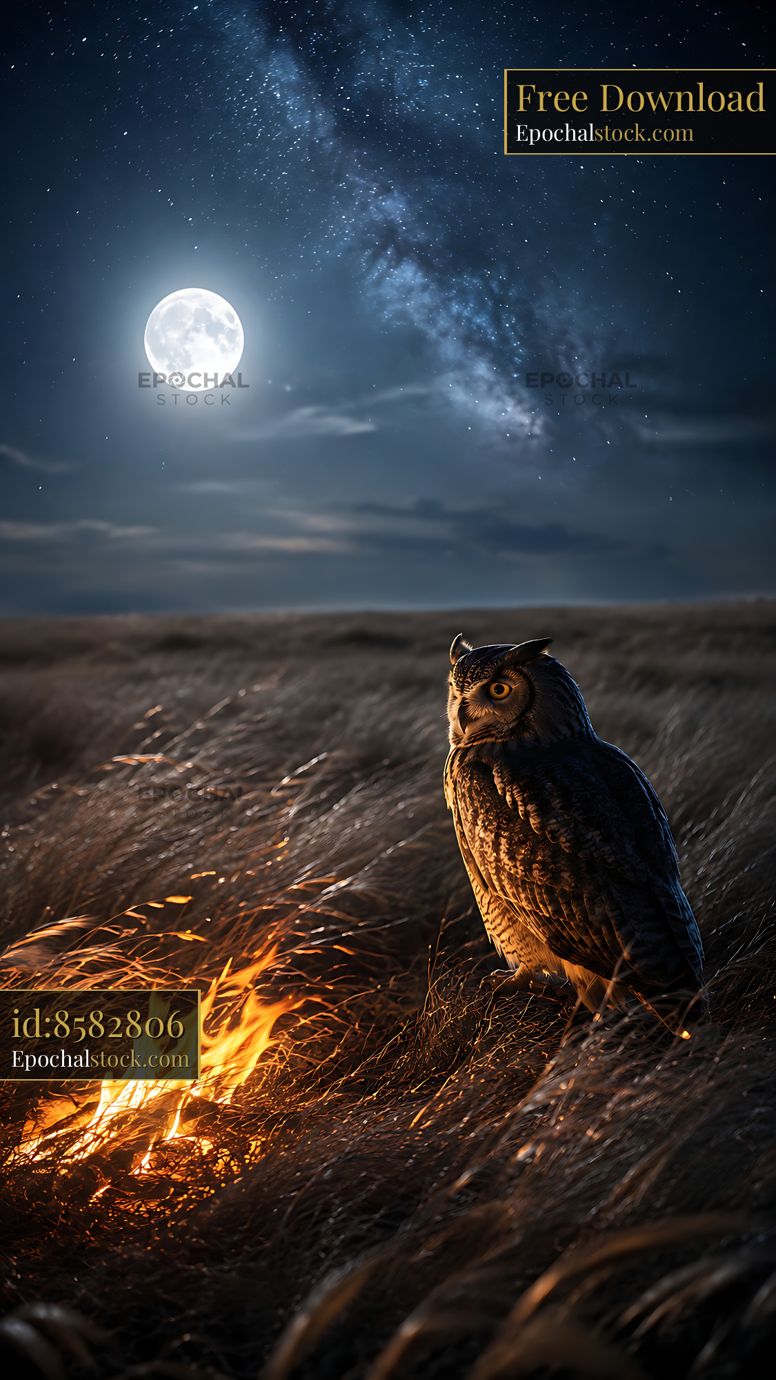 Watermarked full-resolution preview of Owl perched near fire under the full moon at night
