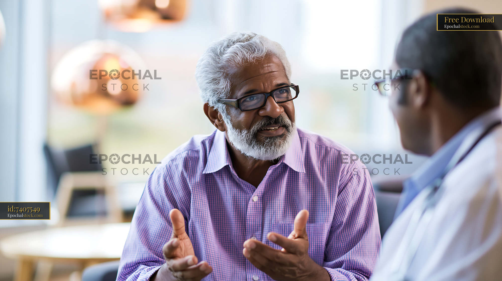 Watermarked full-resolution preview of Senior man discussing health with doctor in a modern office