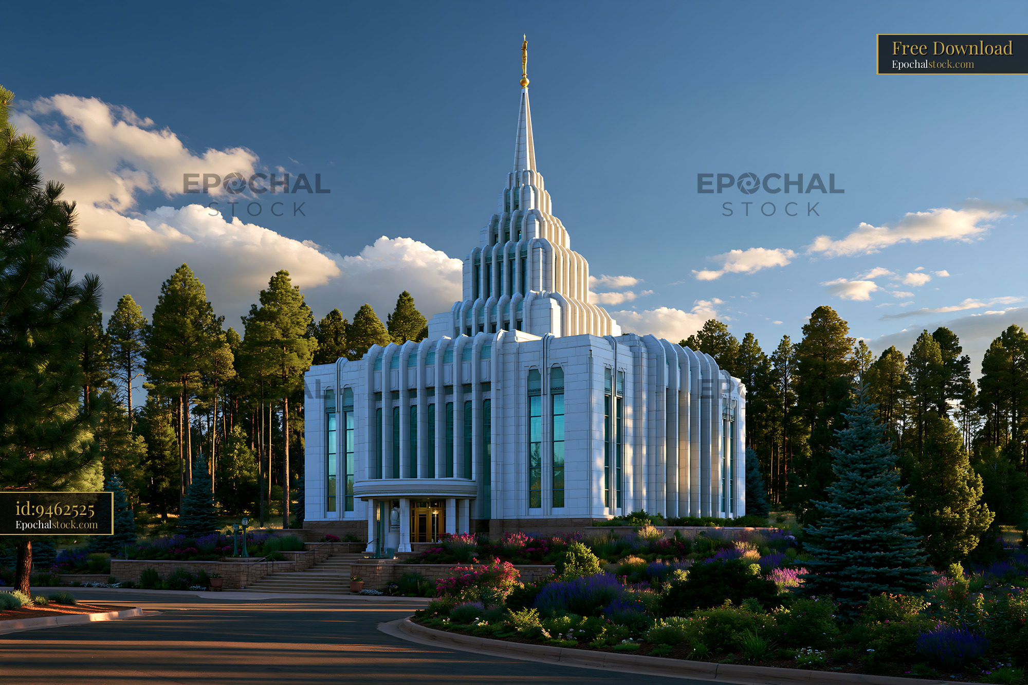 Watermarked full-resolution preview of Modern temple building surrounded by trees under blue sky