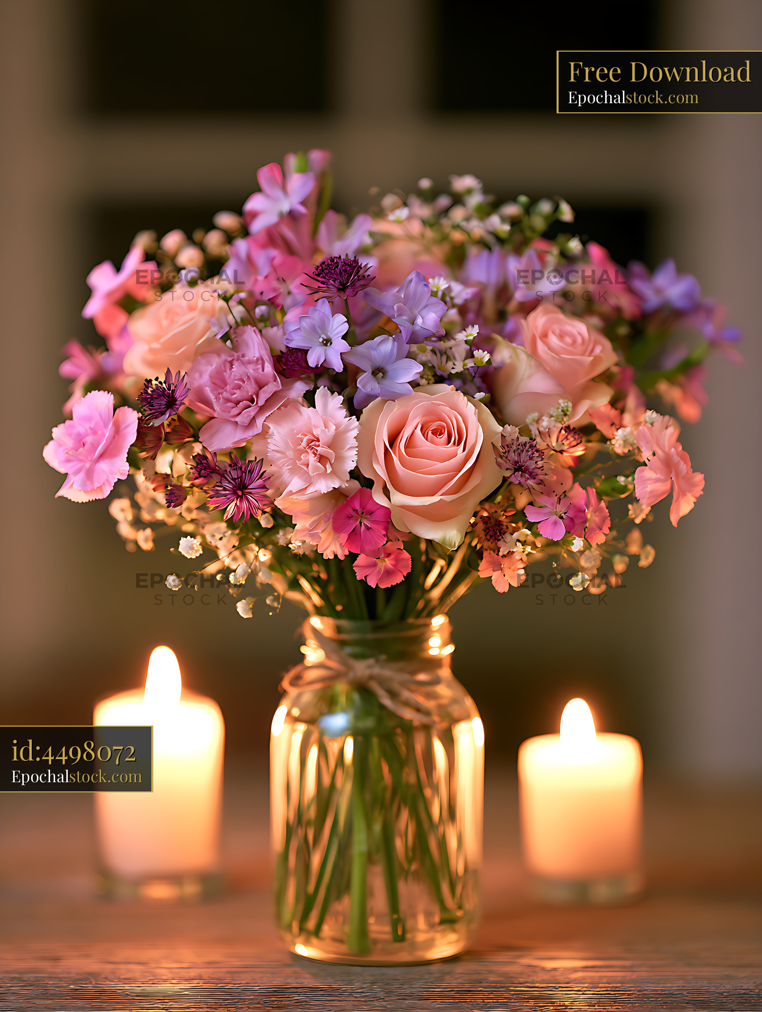 Watermarked full-resolution preview of Pastel floral arrangement beside candlelight