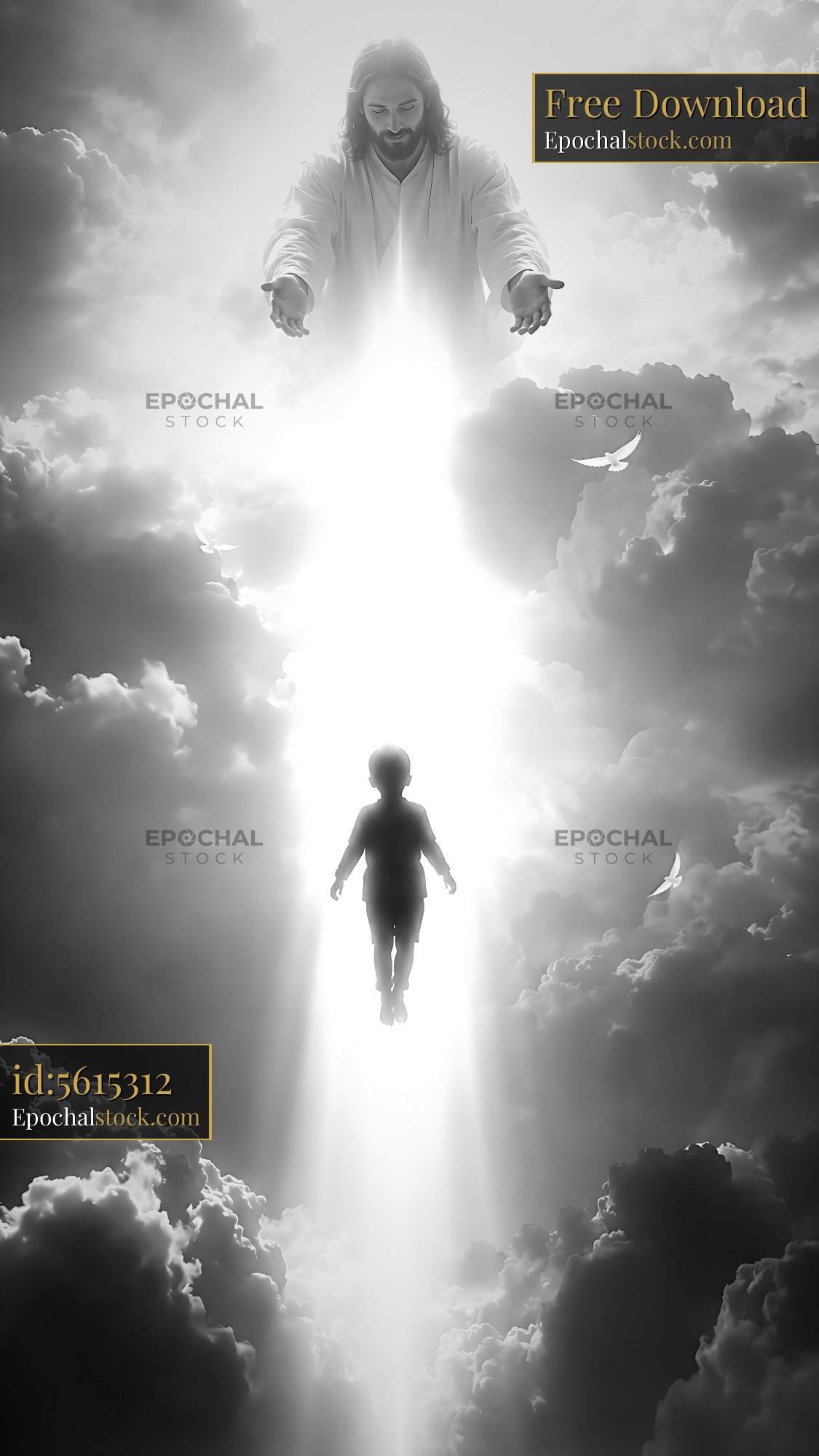 Child Rising Towards Light With Figure Reaching out Above - stock photo