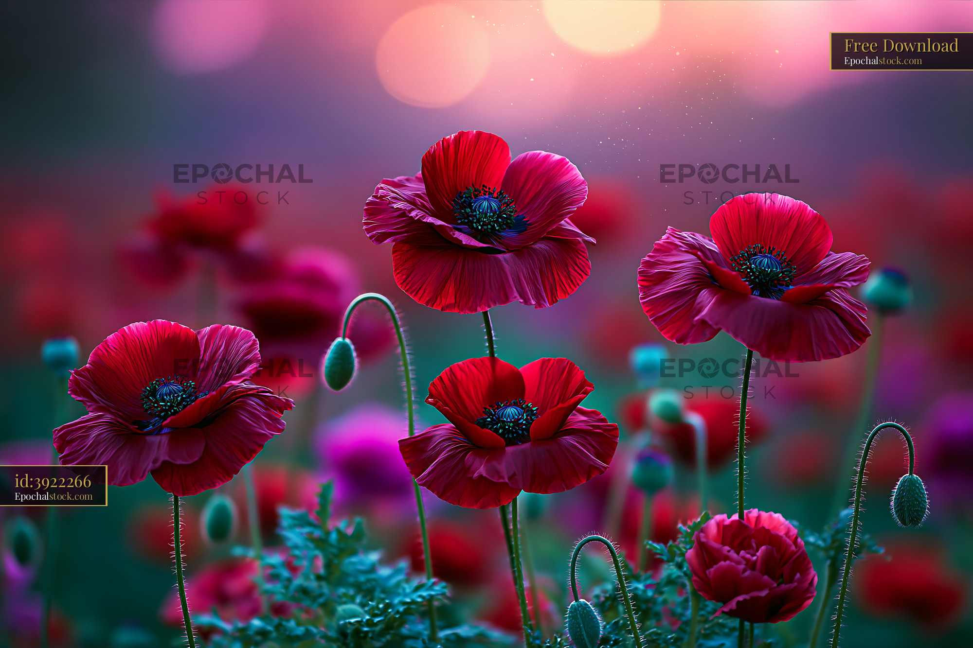 Red Poppies Bloom in a Vibrant Field During Sunset Hours - stock photo