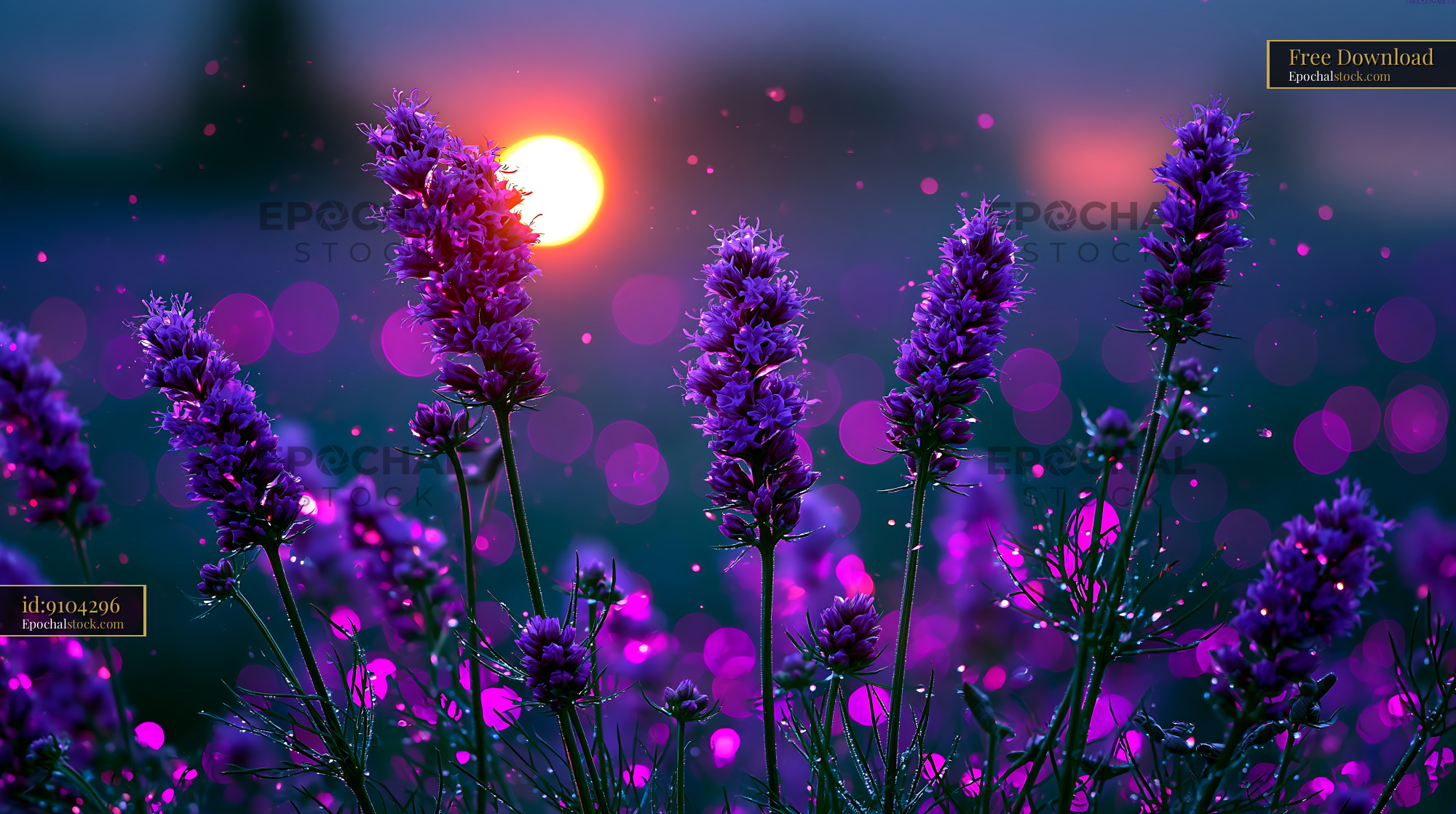 Watermarked full-resolution preview of Lavender flowers at sunset with bokeh background