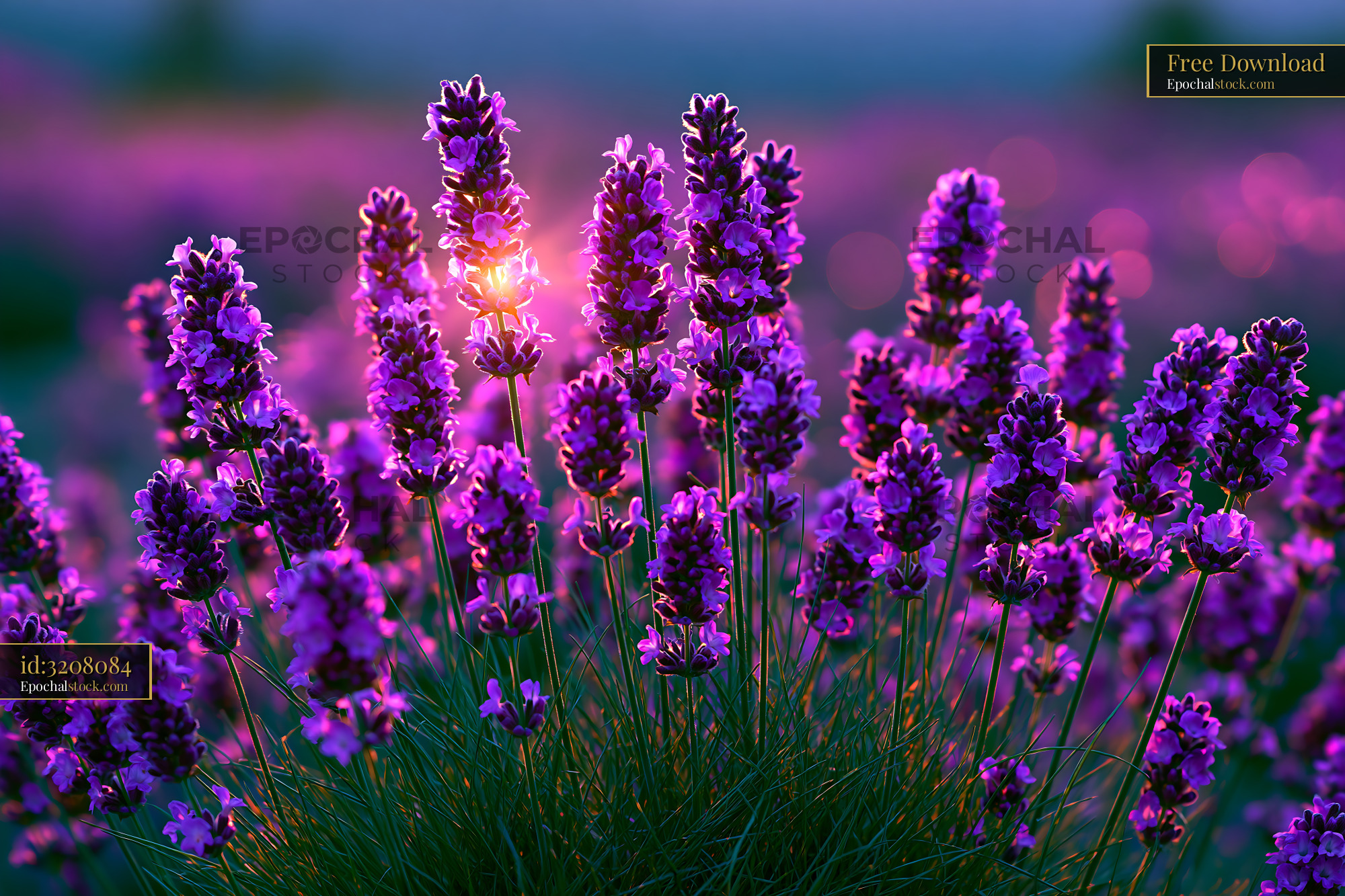 Watermarked full-resolution preview of Lavender flowers blooming in a field at sunset