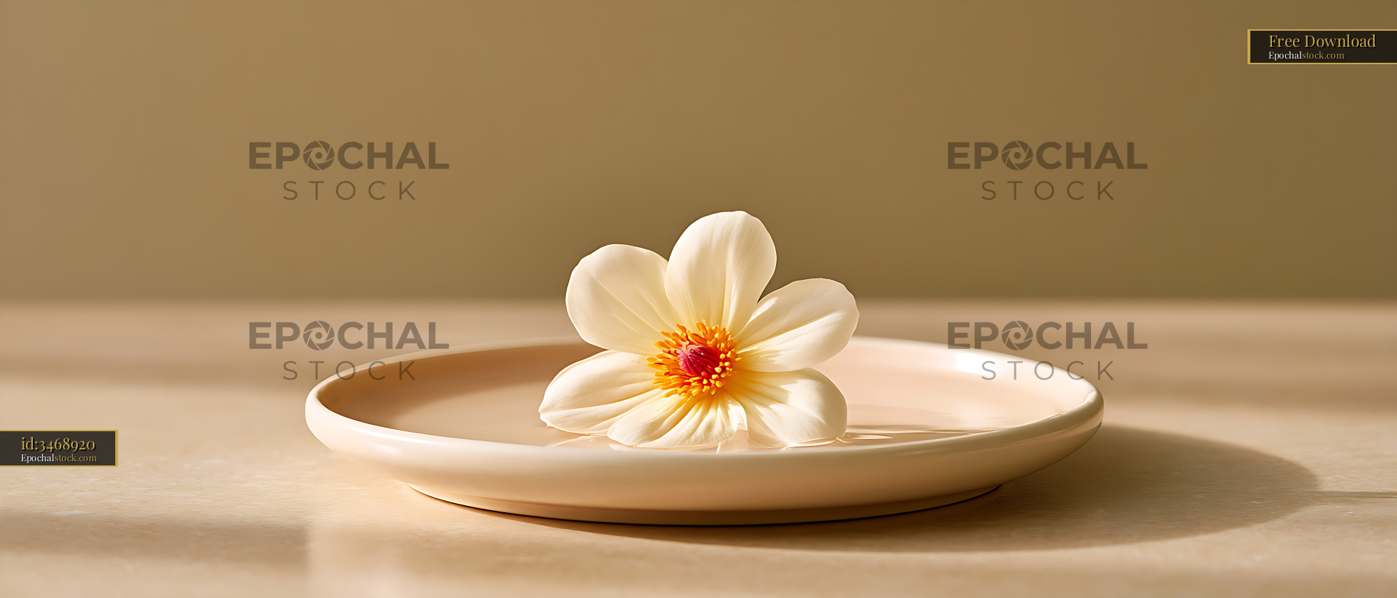 Watermarked full-resolution preview of Delicate white blossom floating on water in ceramic dish