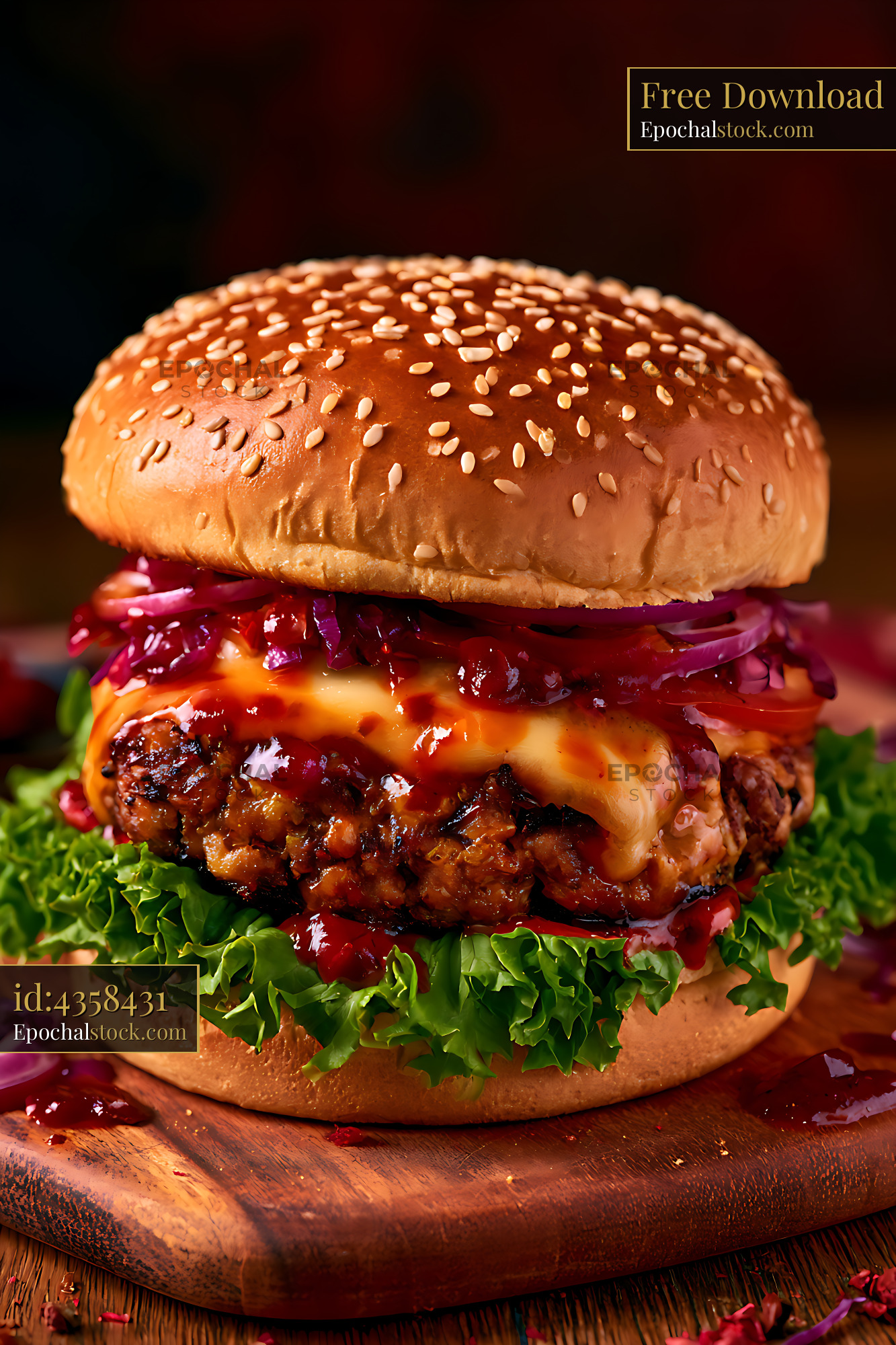 Watermarked full-resolution preview of Loaded cheeseburger with sesame bun and colorful toppings