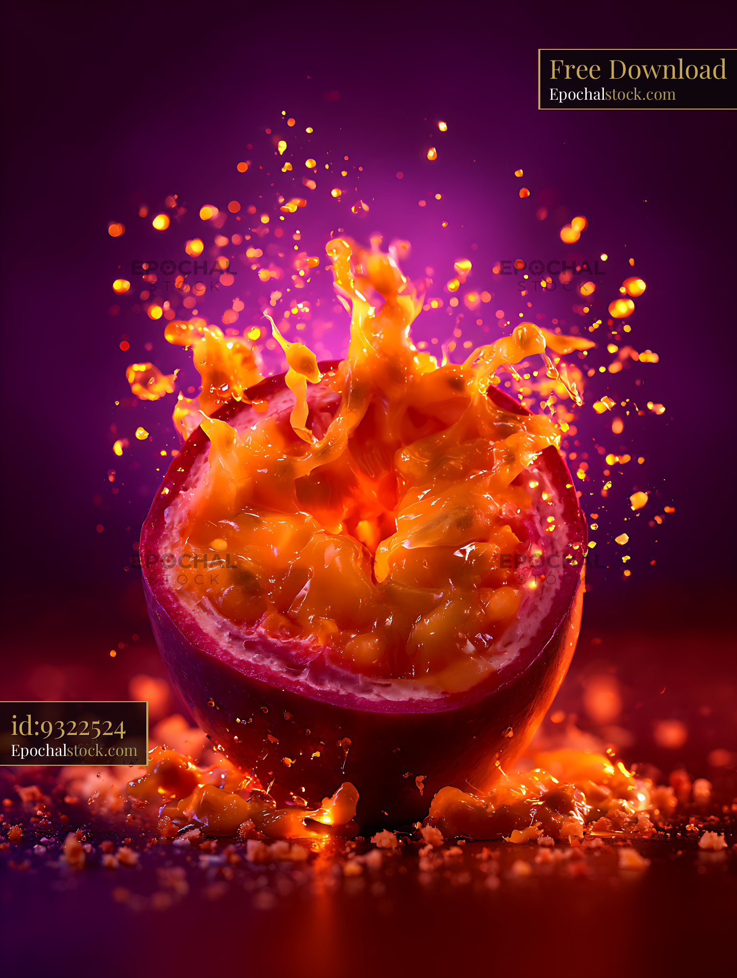 Watermarked full-resolution preview of Vivid passion fruit pulp splashing in midair