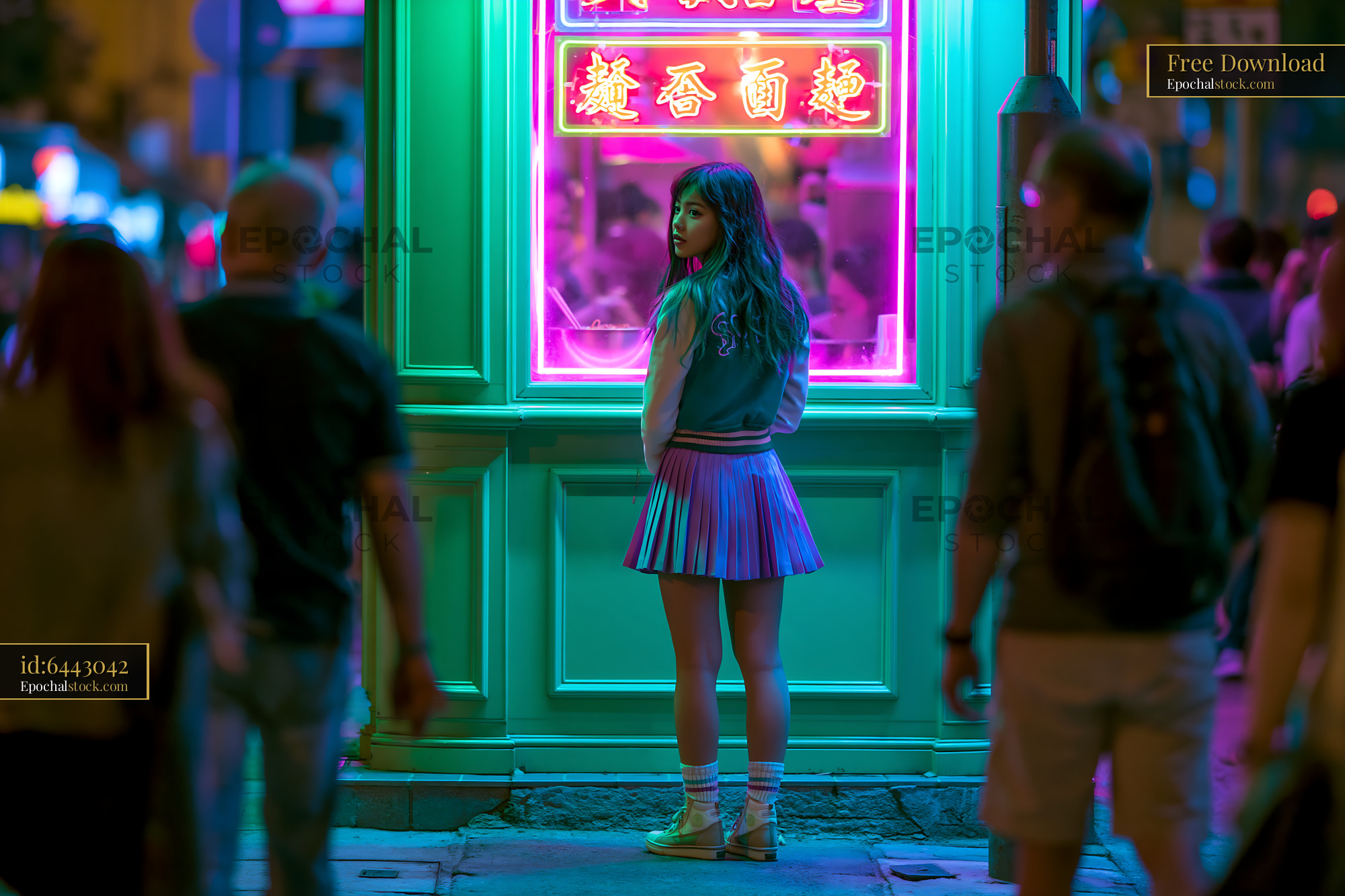 Young Woman in Varsity Jacket Next to Neon Light Street Scene - stock photo