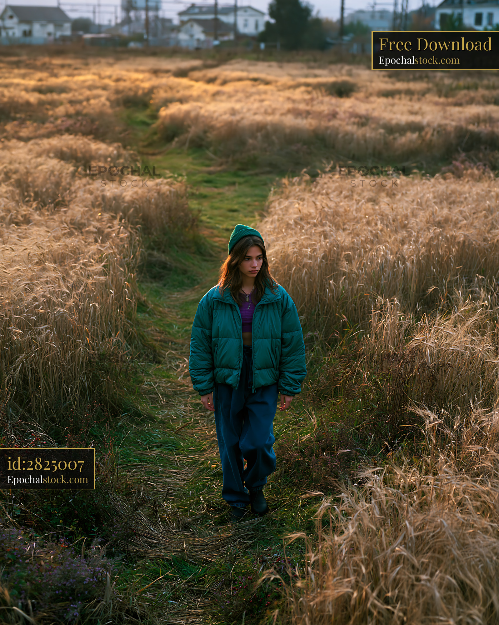 Woman in a Cropped Puffer Jacket Walking in a Field During Sunset - stock photo
