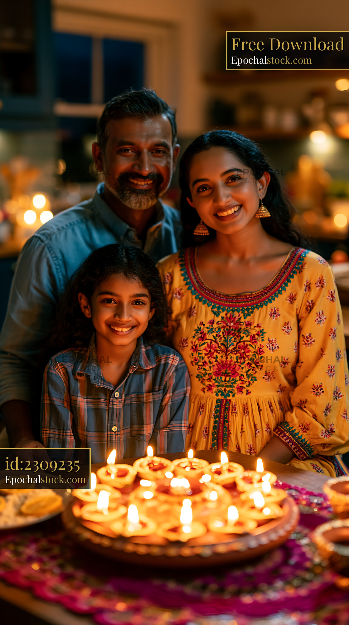 Watermarked full-resolution preview of Family celebration with candles and sweets in home kitchen
