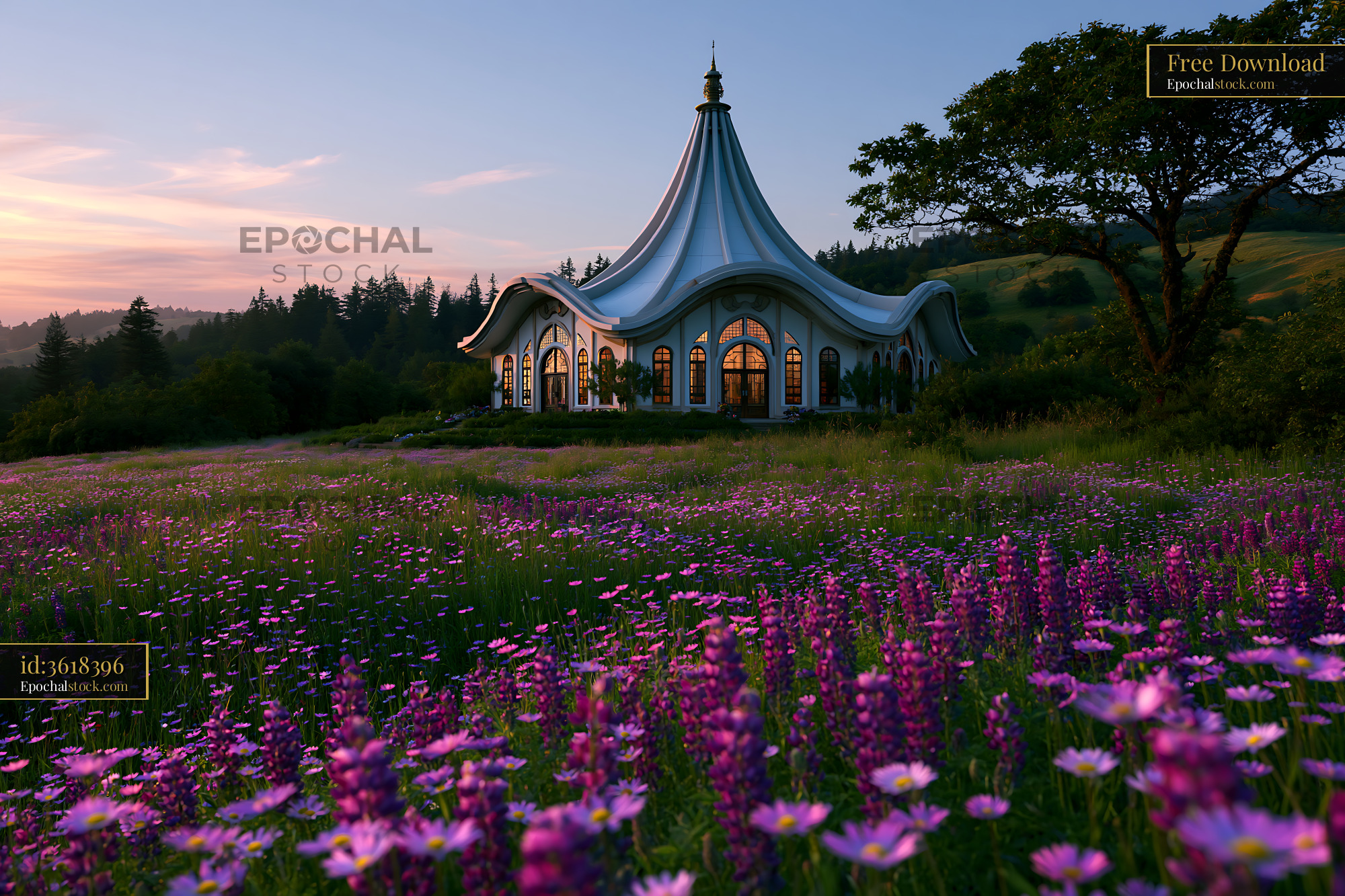 Watermarked full-resolution preview of Sunset over unique building surrounded by blooming flowers