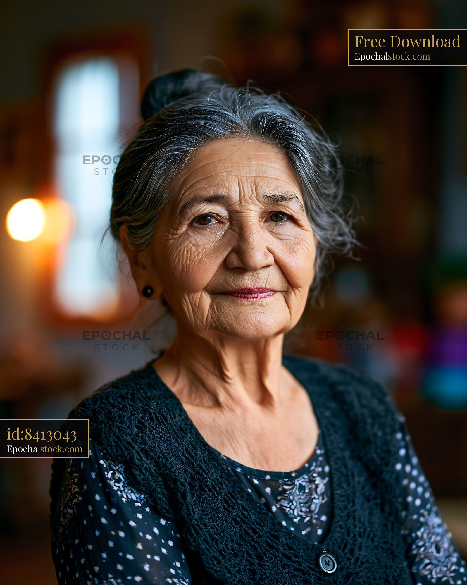 Watermarked full-resolution preview of Elderly woman smiling in cozy indoor setting