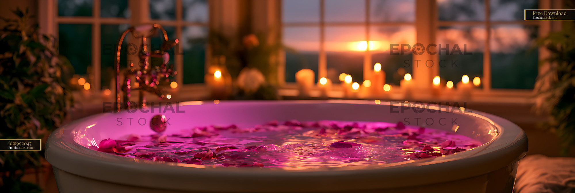 Watermarked full-resolution preview of Petal-filled bathtub glowing at sunset