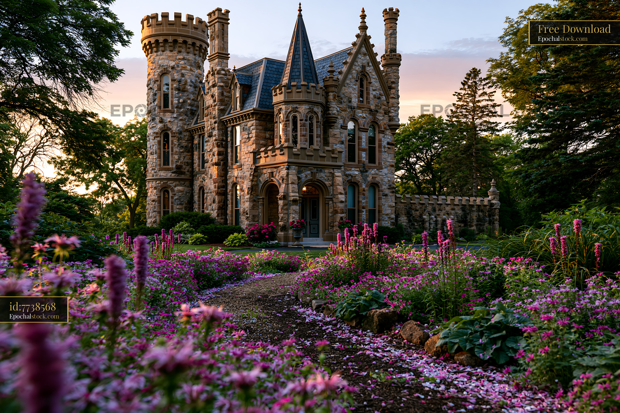 Watermarked full-resolution preview of Stone castle surrounded by flowers in a garden at sunset