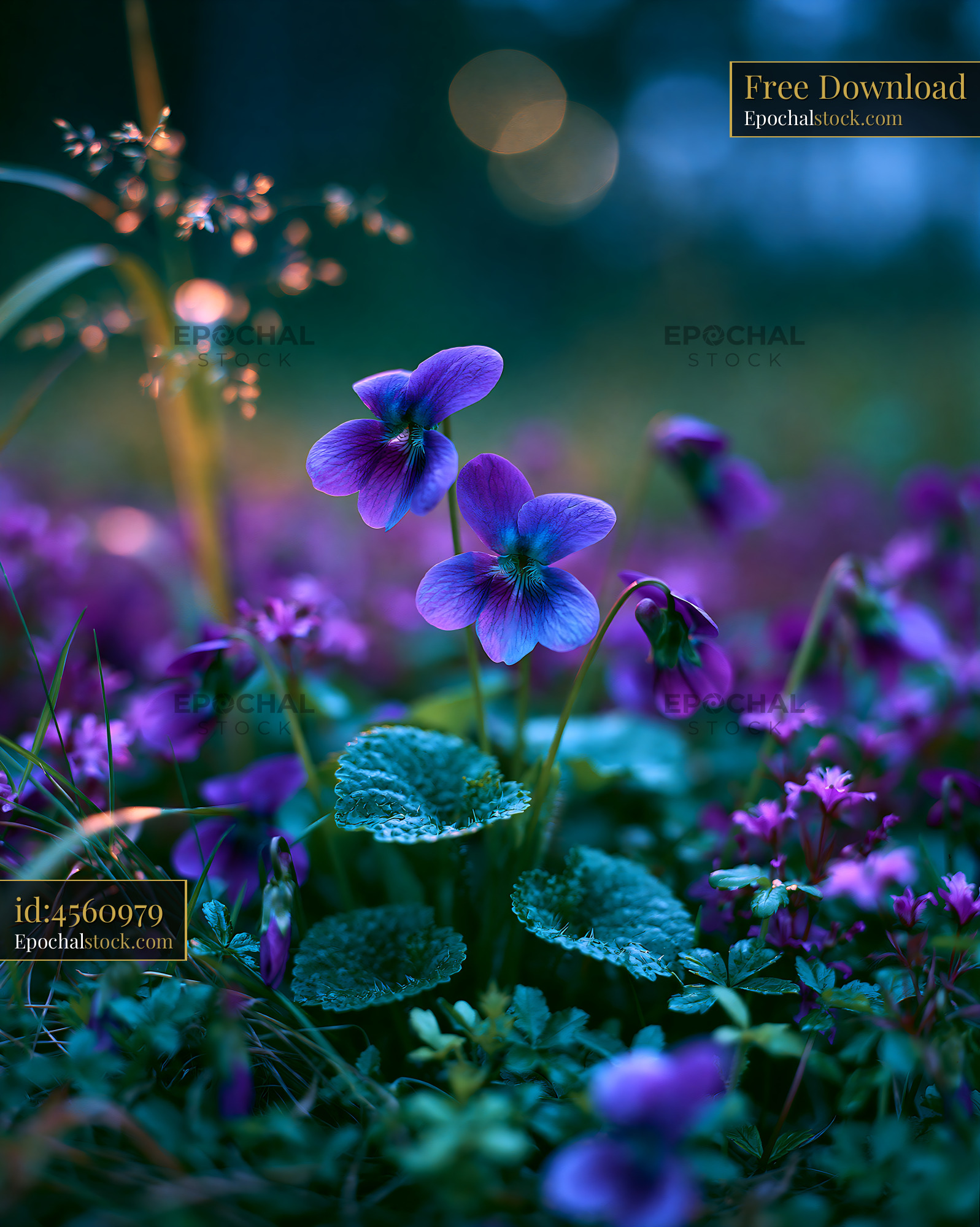 Watermarked full-resolution preview of Purple flowers blooming in a garden during twilight