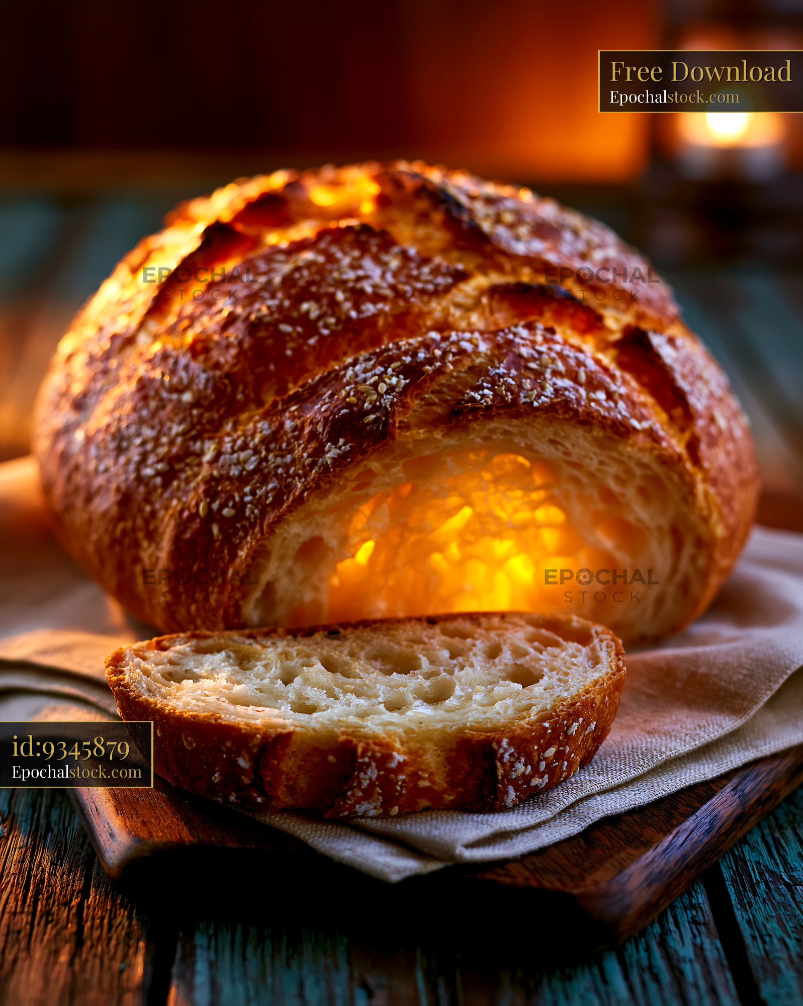 Watermarked full-resolution preview of Rustic seeded loaf and slice in warm light