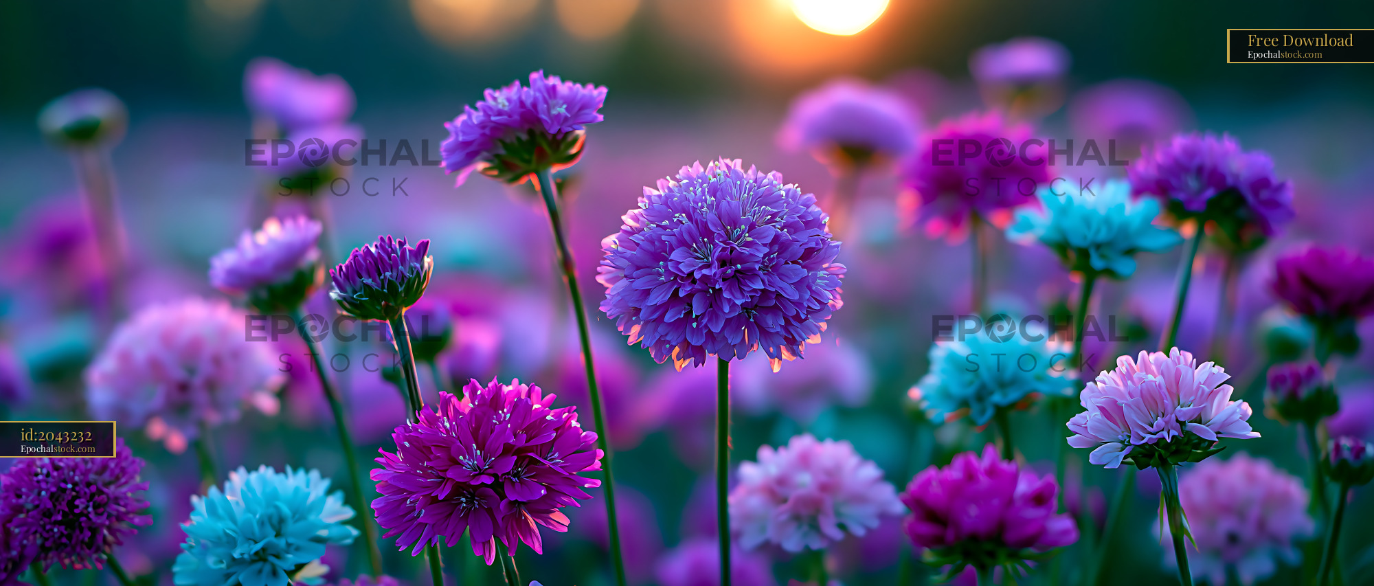 Watermarked full-resolution preview of Colorful flowers blooming at sunset