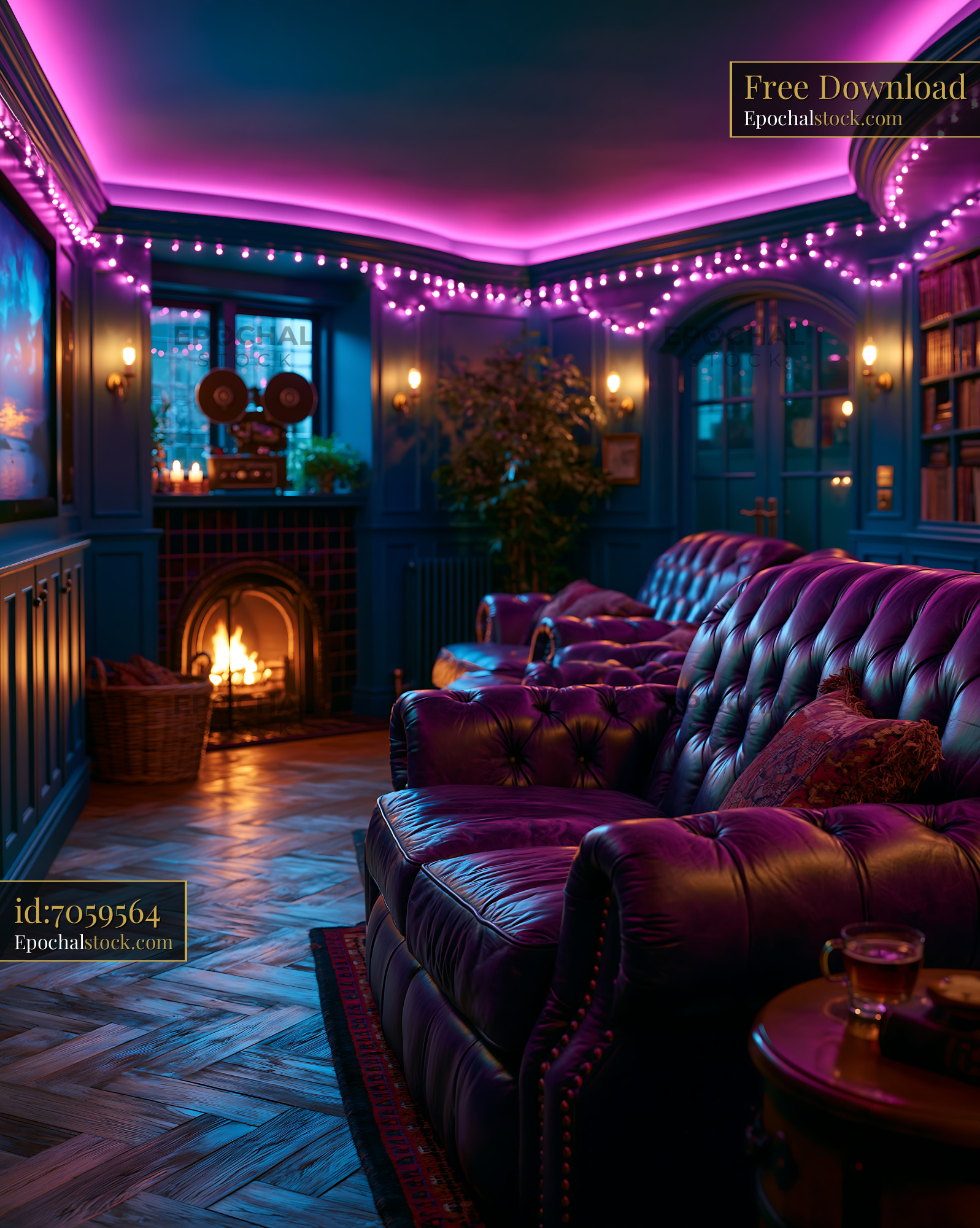 Watermarked full-resolution preview of Cozy room with a fireplace and purple lights in an inviting setting
