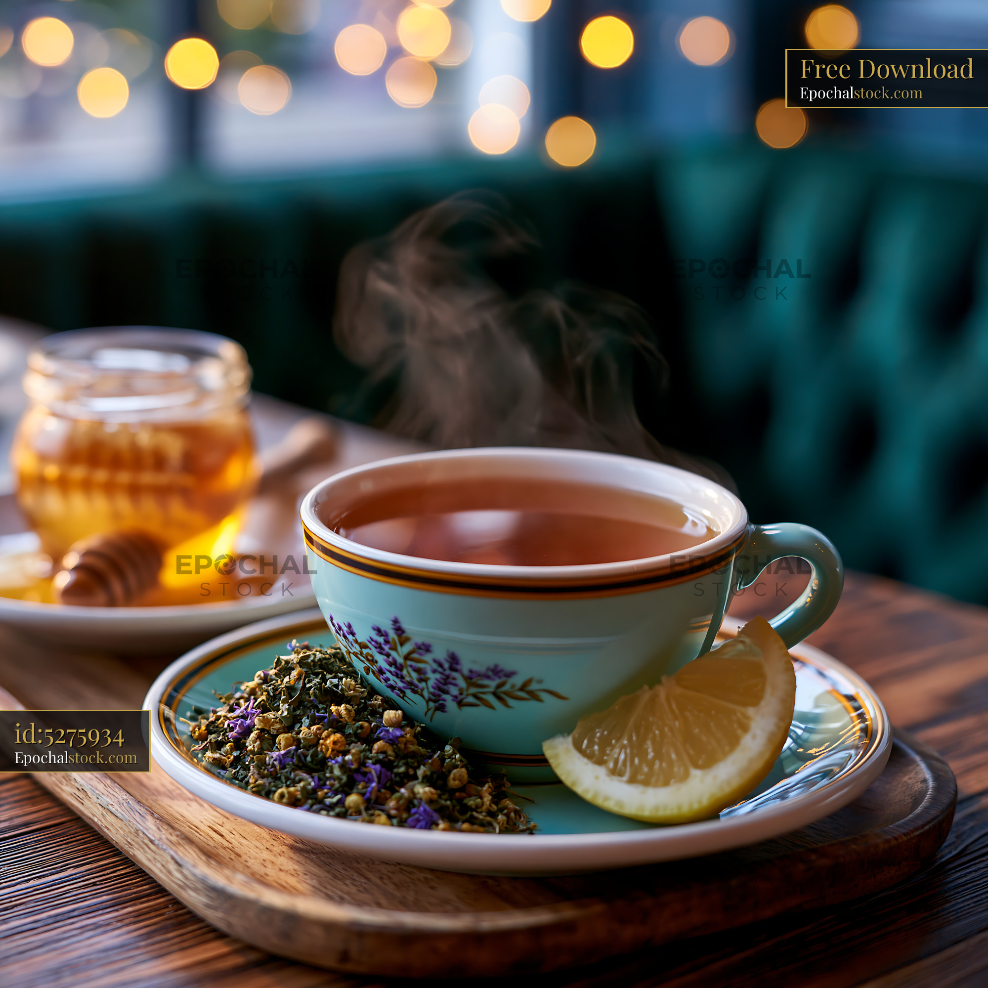 Watermarked full-resolution preview of Warm Herbal Tea Still Life with Honey and Lemon