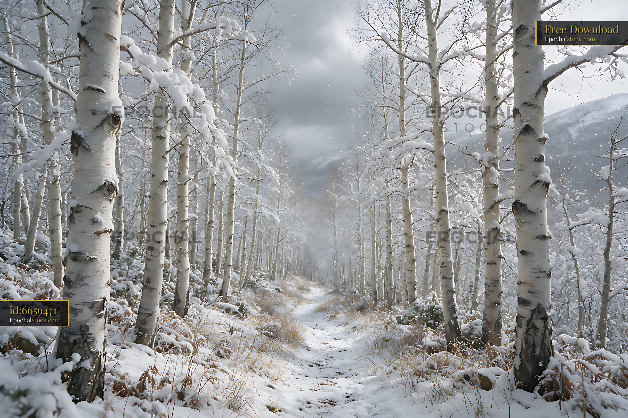 Watermarked full-resolution preview of Winter birch woodland trail beneath snowy mountains