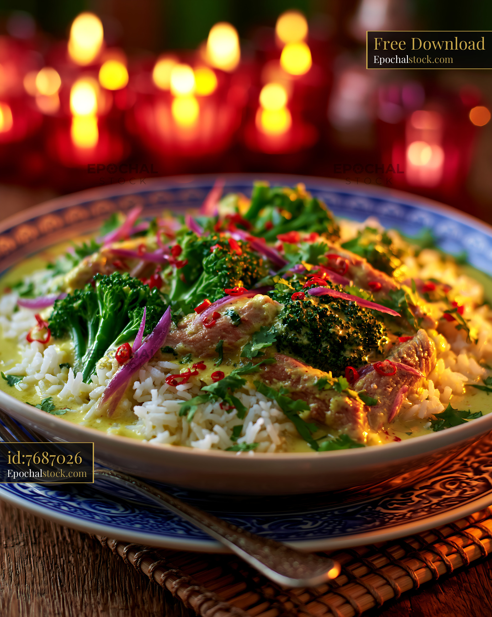 Watermarked full-resolution preview of Delicious rice dish with vegetables and meat served on a plate