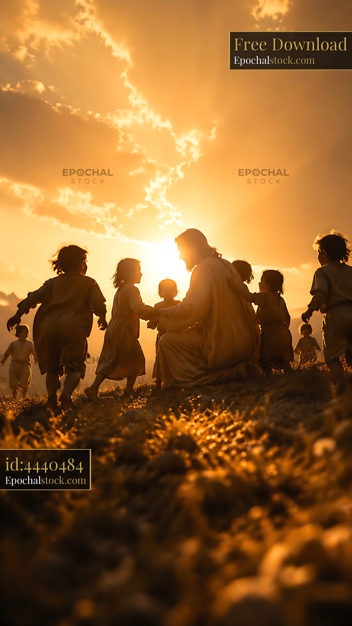Watermarked full-resolution preview of Children playing around a figure at sunset