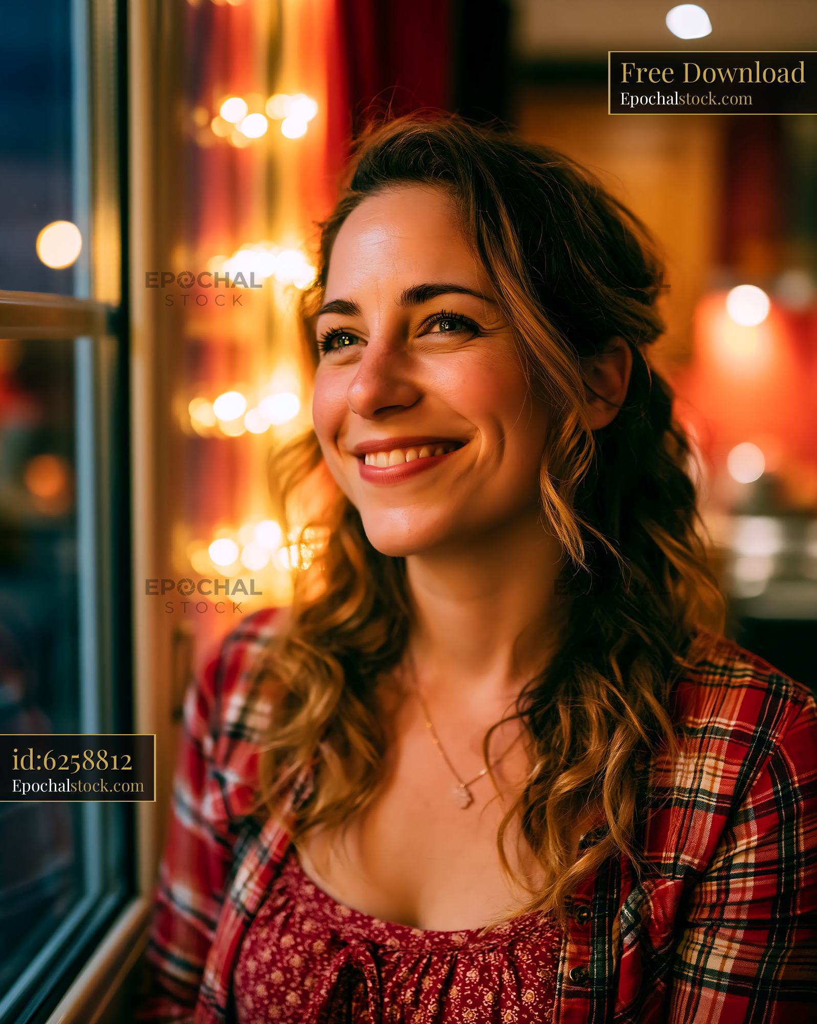 Watermarked full-resolution preview of Woman sitting by window with lights in background