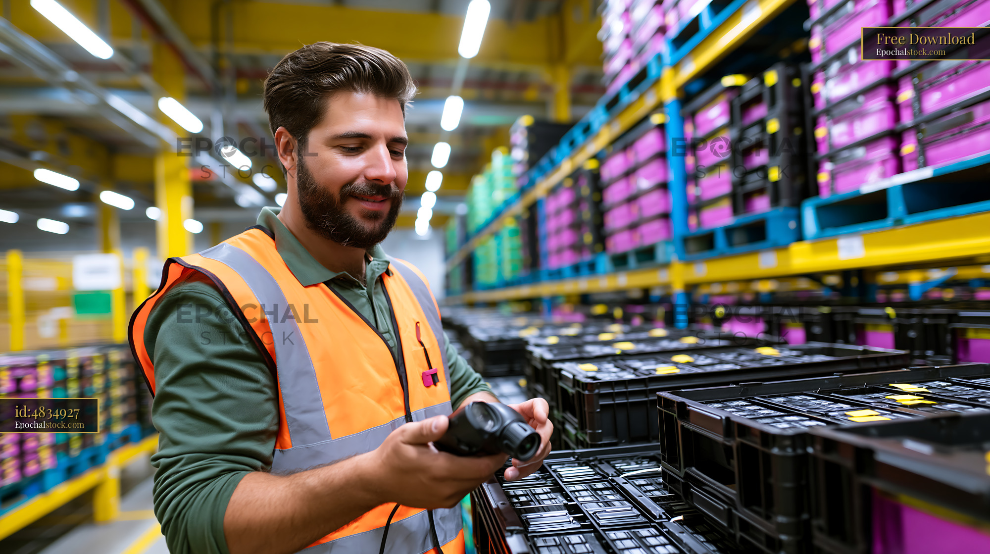 Watermarked full-resolution preview of Worker checking inventory in a warehouse with colorful storage bins