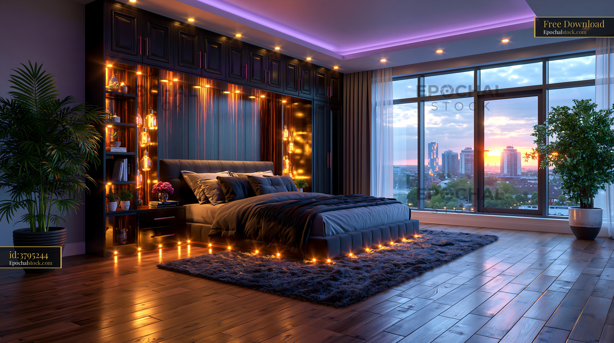 Watermarked full-resolution preview of Modern bedroom with city view at sunset