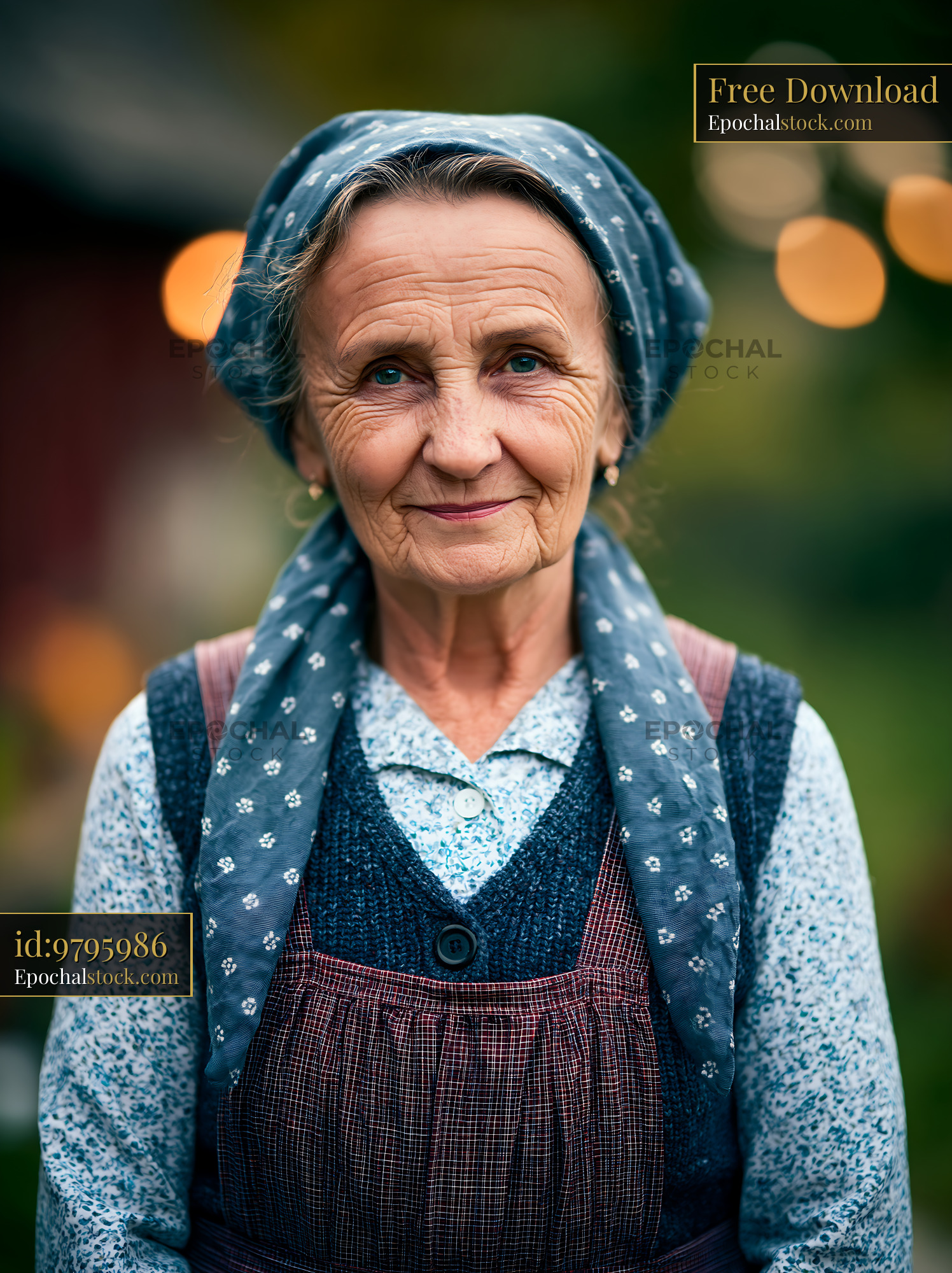 Watermarked full-resolution preview of Elderly woman in traditional attire with blue headscarf
