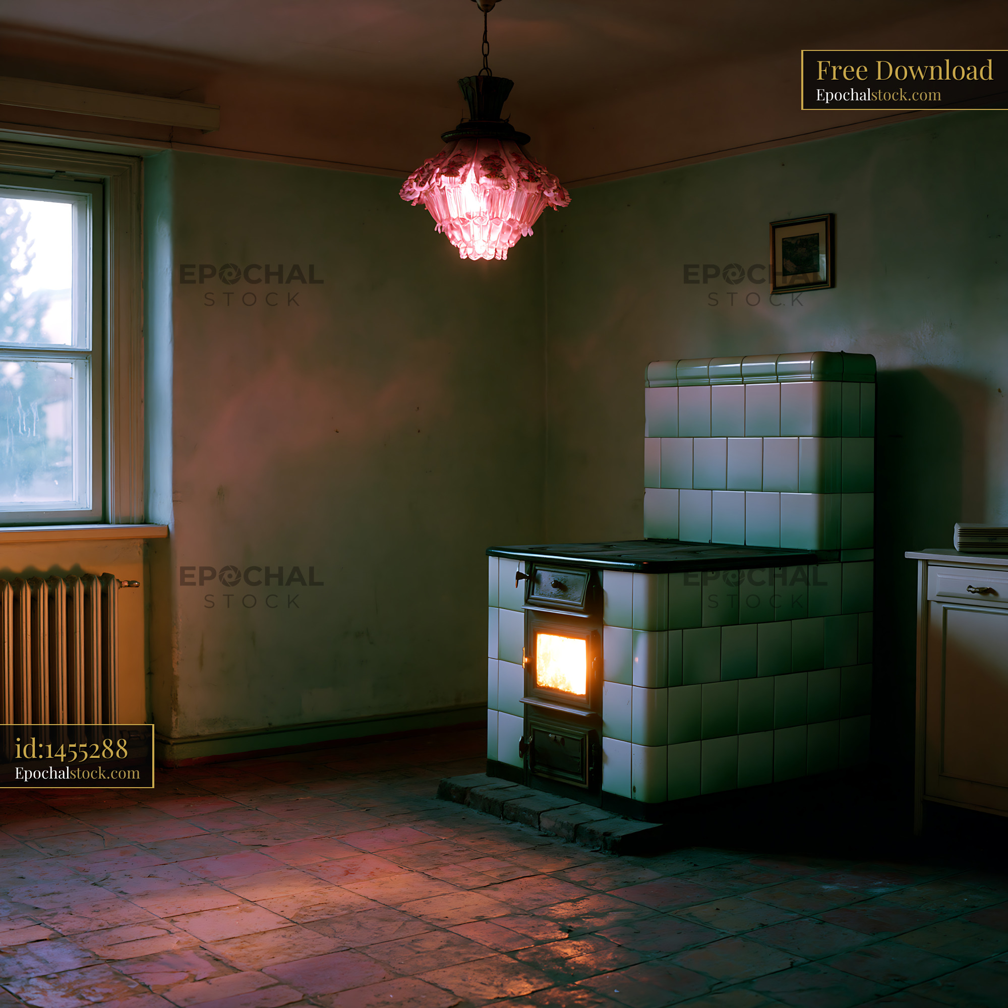 Watermarked full-resolution preview of Old kitchen with stove and a pink lamp in a dimly lit room
