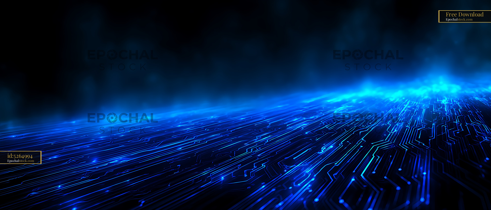 Watermarked full-resolution preview of Blue illuminated circuit traces in a dark digital landscape