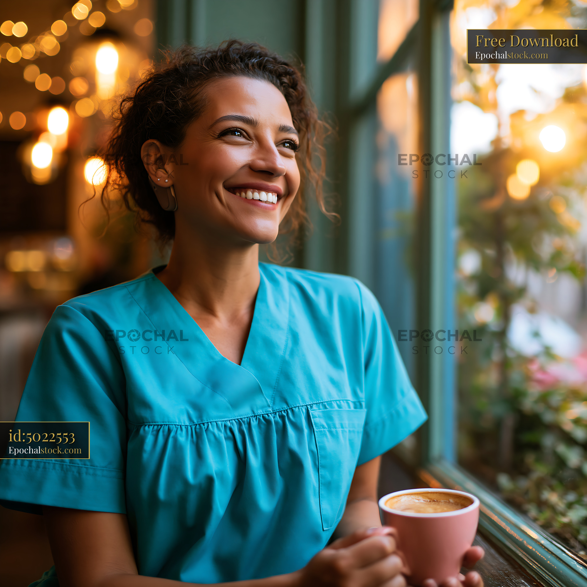 Watermarked full-resolution preview of Smiling woman in blue scrubs enjoying coffee indoors