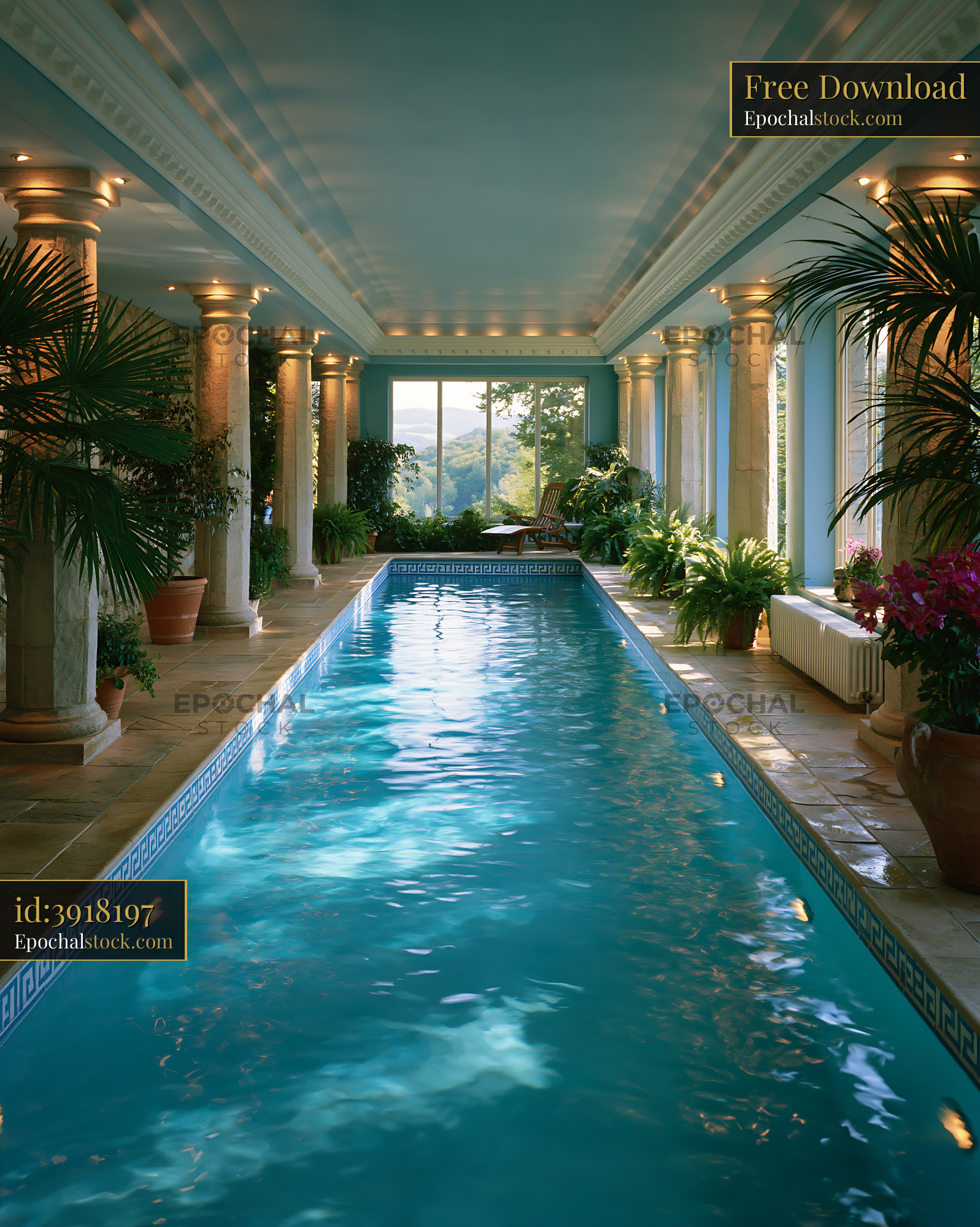 Watermarked full-resolution preview of Indoor swimming pool with columns and plants