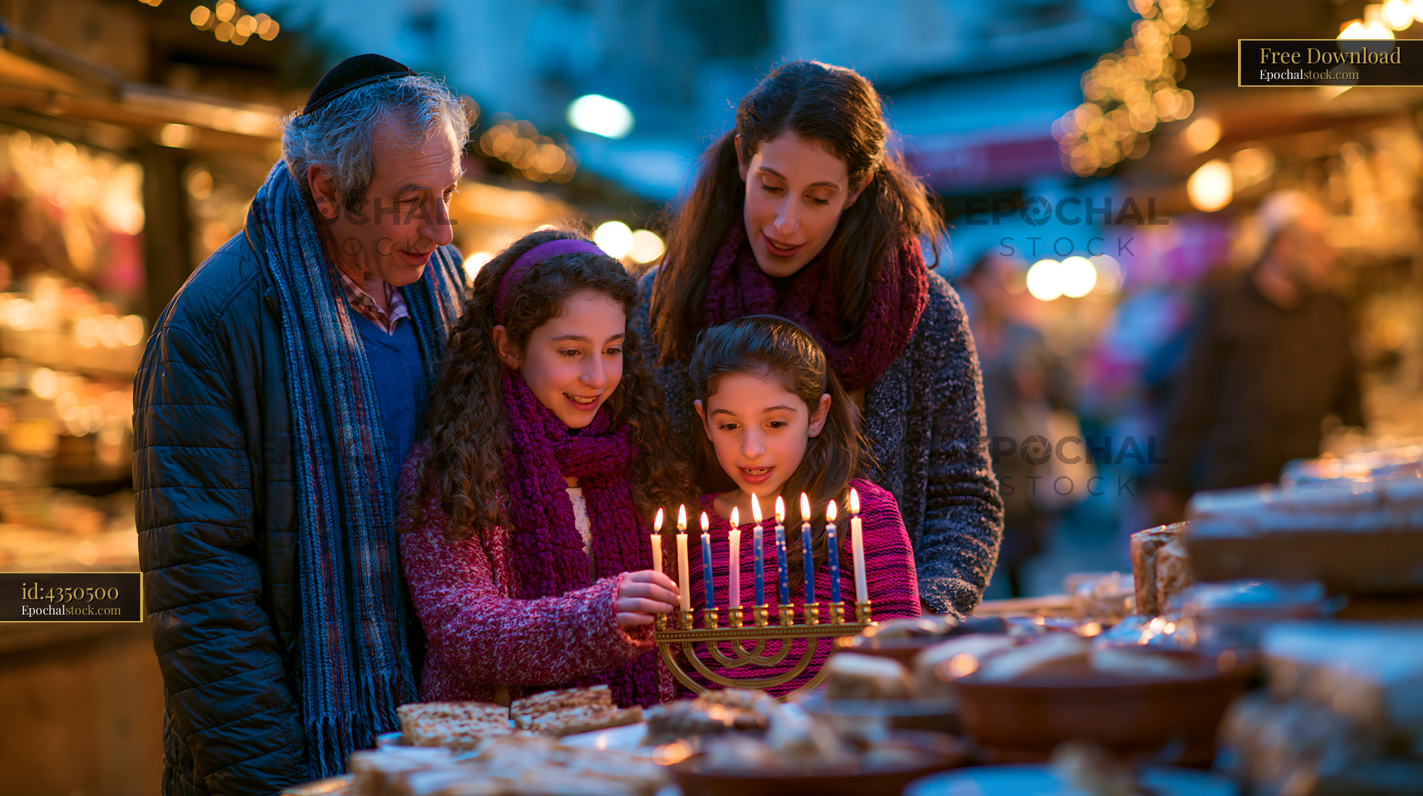 Watermarked full-resolution preview of Family celebrating a holiday at a market with candles