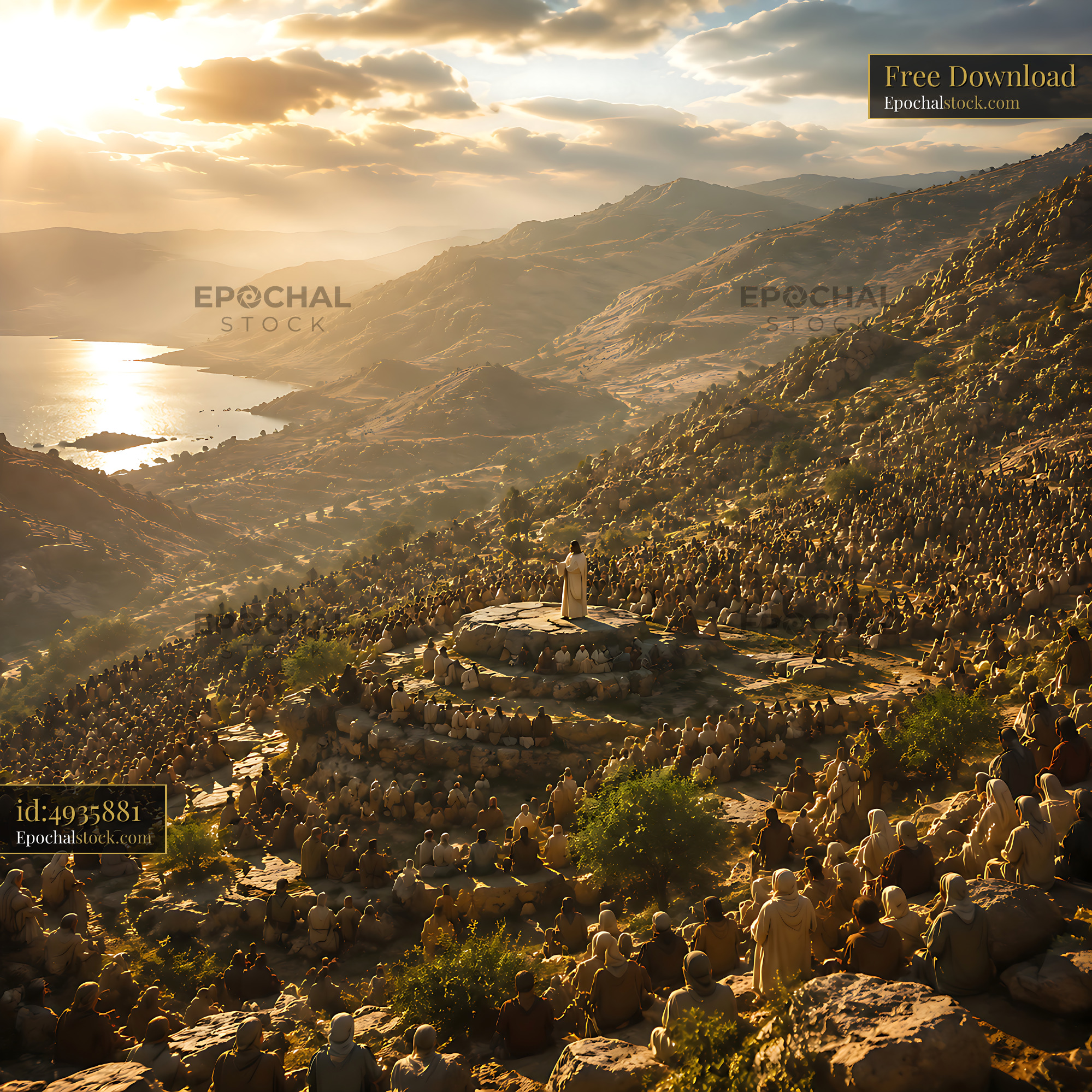 Watermarked full-resolution preview of Crowd gathered on mountainside during sunset