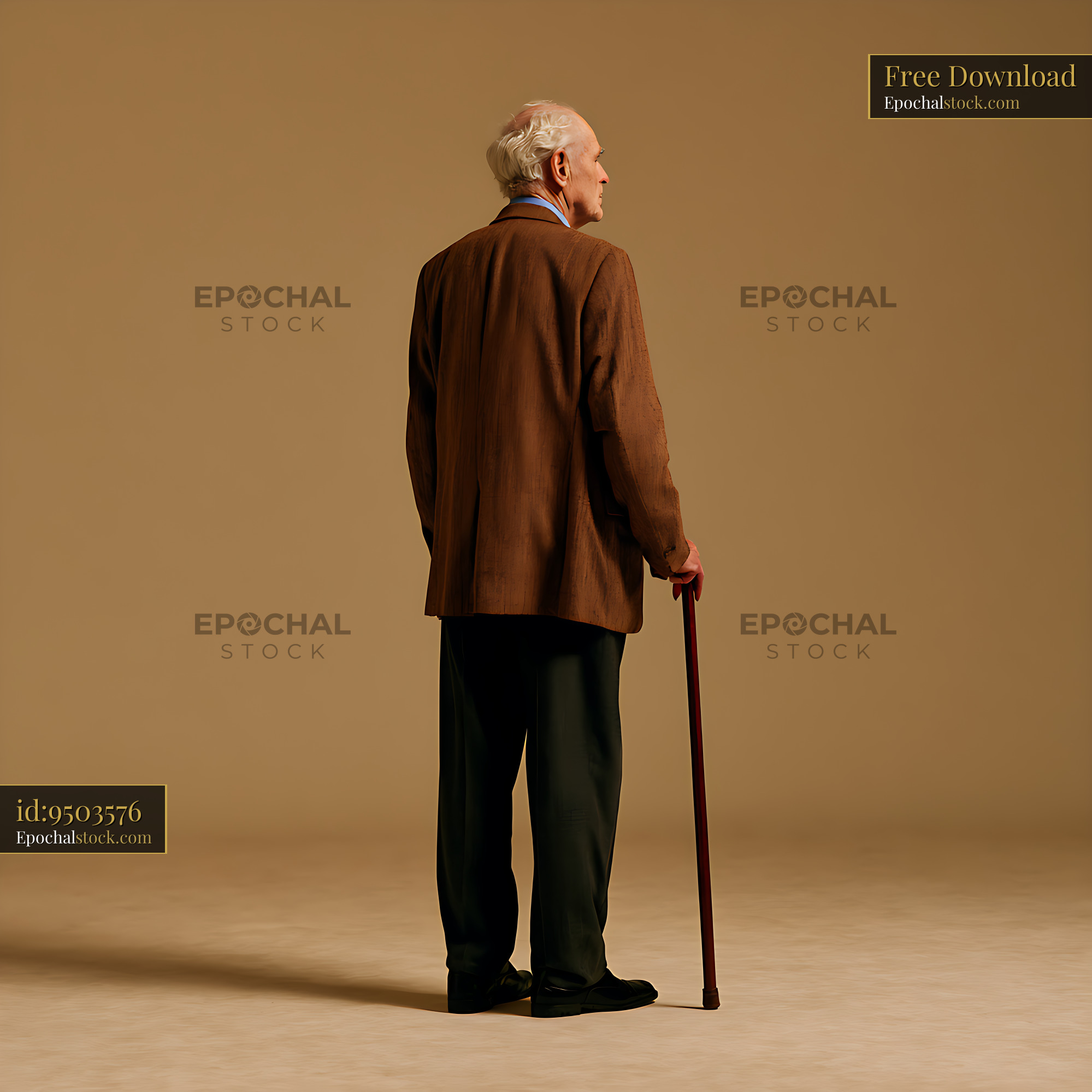 Watermarked full-resolution preview of Older man holding a walking cane against a warm plain background