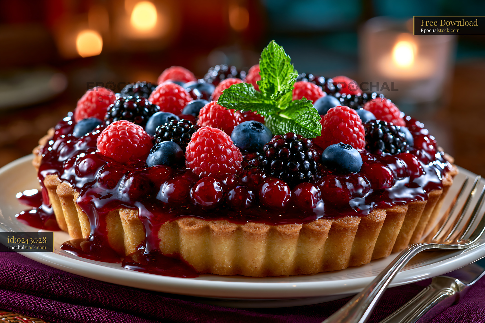 Watermarked full-resolution preview of Fruit tart with berries and mint served on a plate