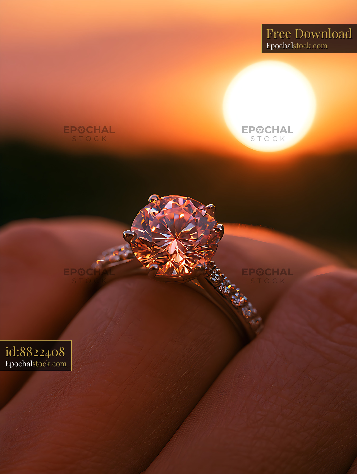 Watermarked full-resolution preview of Close-up diamond ring with sunset background