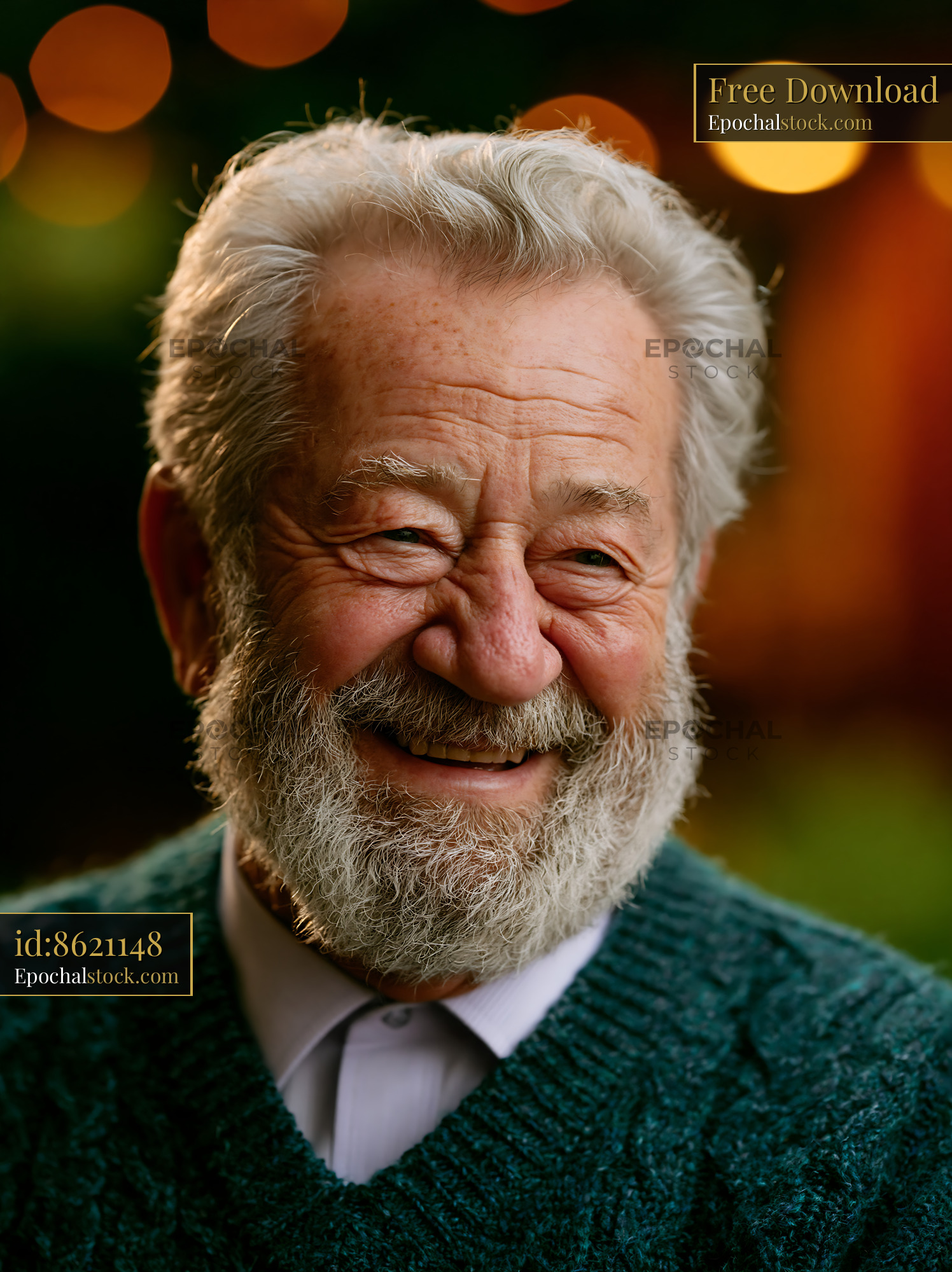 Watermarked full-resolution preview of Smiling elderly man with white beard and green sweater